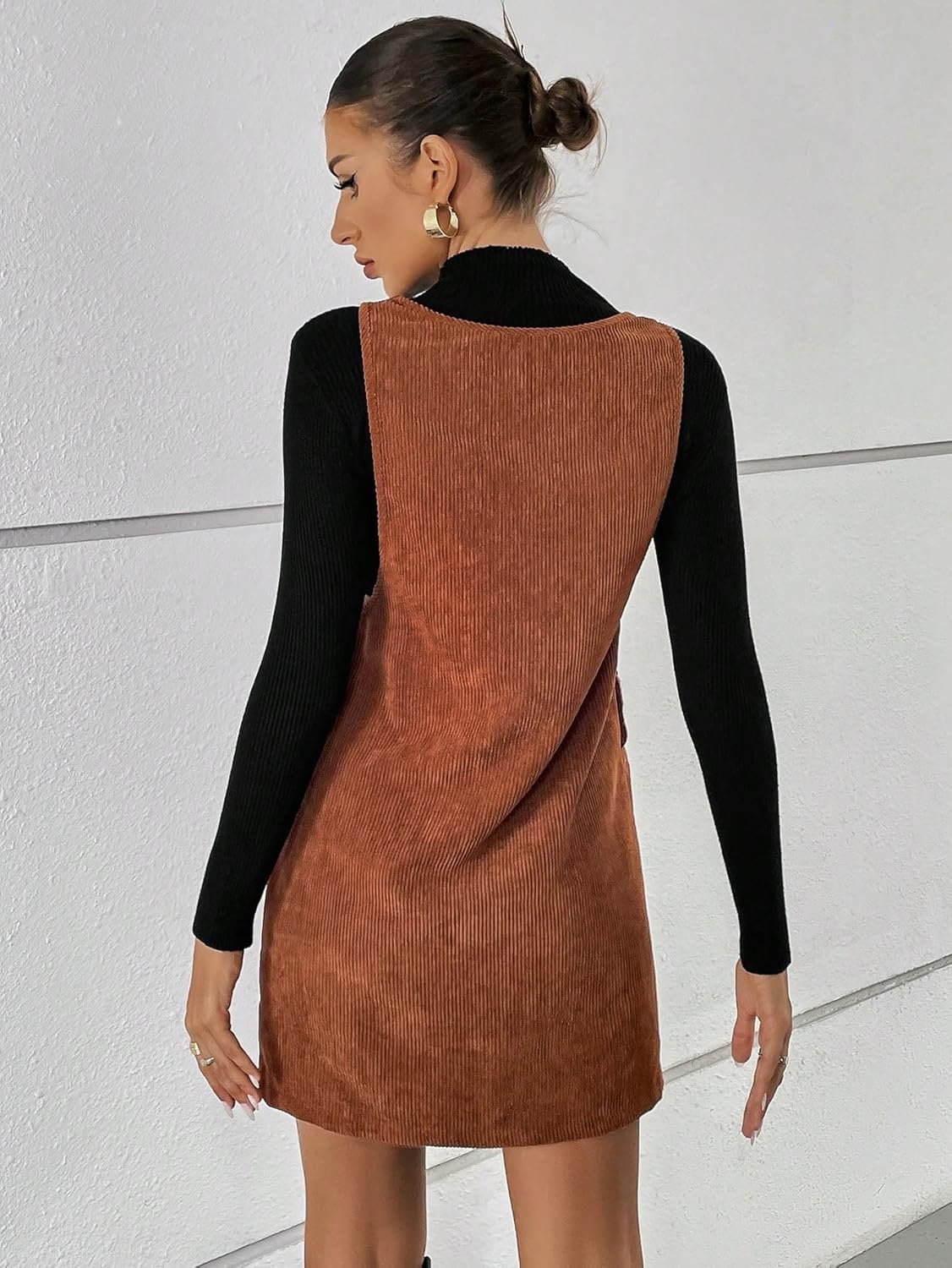 WDIRARA Women's Corduroy Overall Mini Dress Adjustable Straps Sleeveless Slim Fit Casual Dresses with Pockets - Image 2