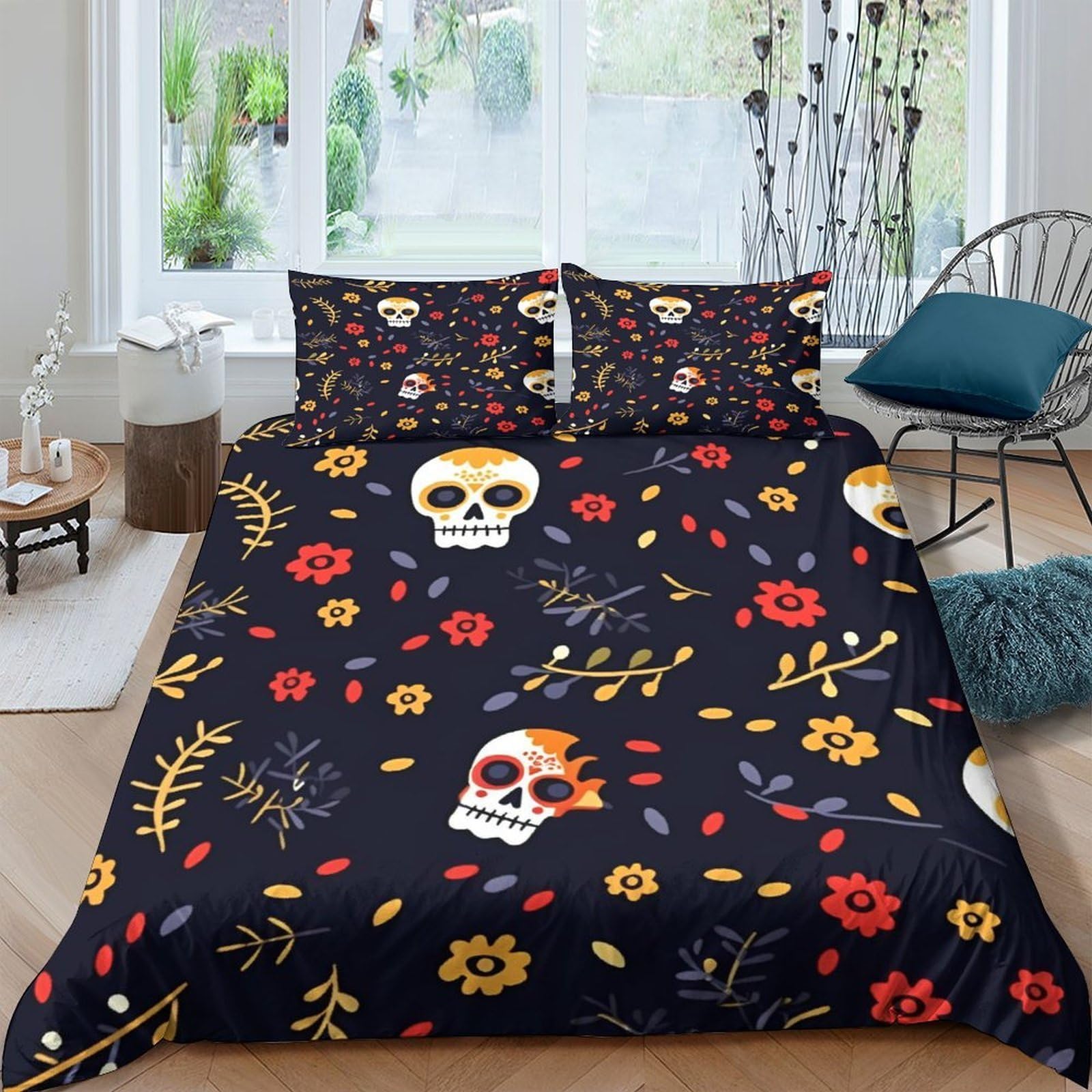 Ctjqhvkz Style-5 3D Printed Skull Floral Fitted Sheet Microfiber Soft Breathable Skeleton Bed Cover For Bedroom Dorm Decor Protection Single（135X200cm）