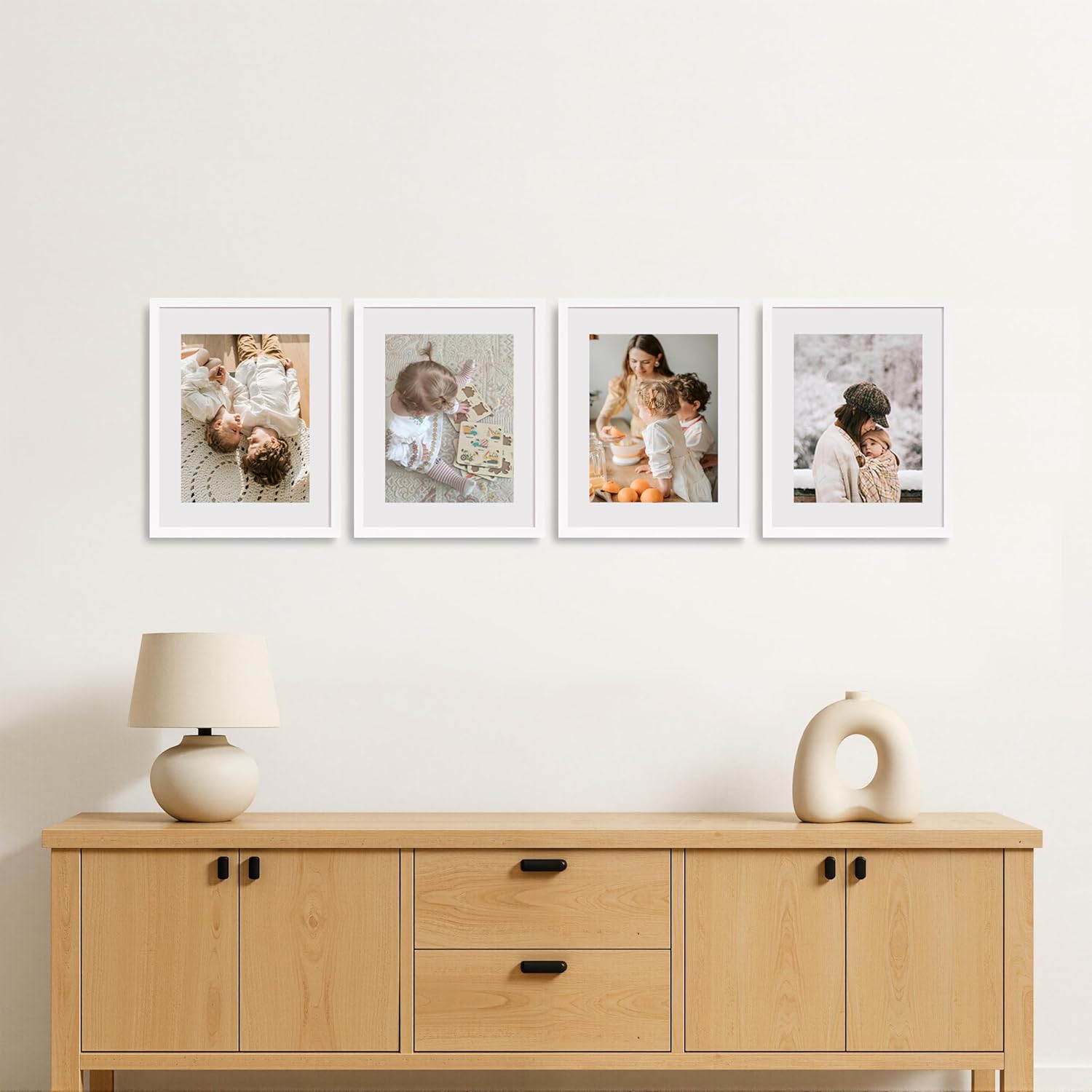 eletecpro 11x14 Picture Frame 4 Pack Made of Solid Wood and Strong Real Glass, Display 8x10 and 8.5x11 Photos with Mat or 8x10 without Mat, Room Decor for Wall and Tabletop, Gallery Gifts White