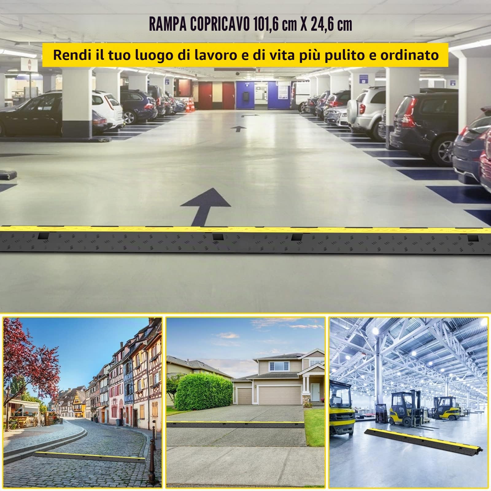 VEVOR Rampa Modulare per Condotto 2 Canale, Protezione Cavo in Gomma e PVC Carico 4.989 kg, Rampa di Protezione per Cavi in Nero Giallo da 4 Pezzi Uso in Parcheggi, Magazzini, Palchi, Scuole, Hotel