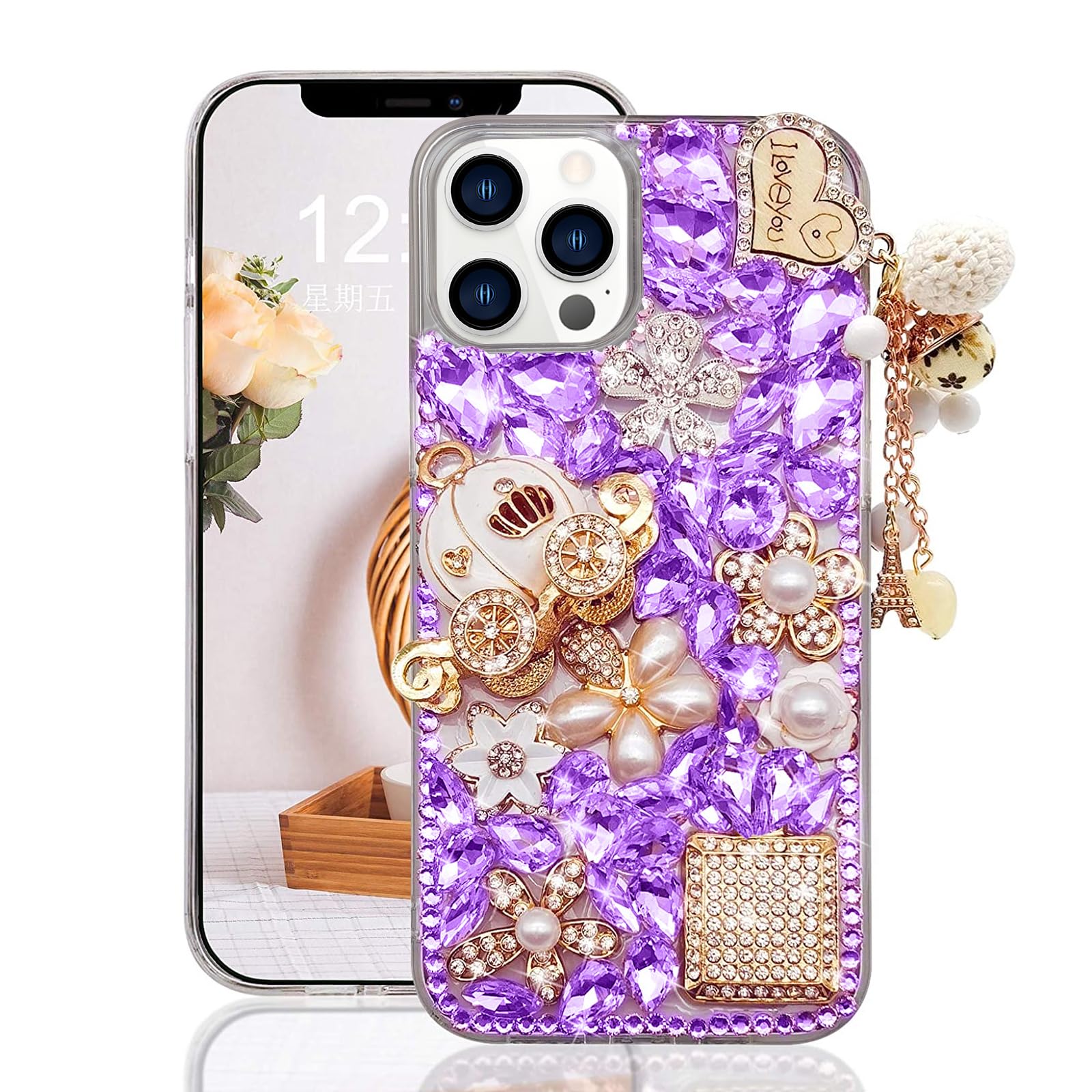 Guppy for iPhone 16 Pro Max Bling Glitter Case,Luxury Diamond Rhinestone Gemstone 3D and Flower Gemstone Pumpkin Car Tower Pendant Pearl Soft TPU Back