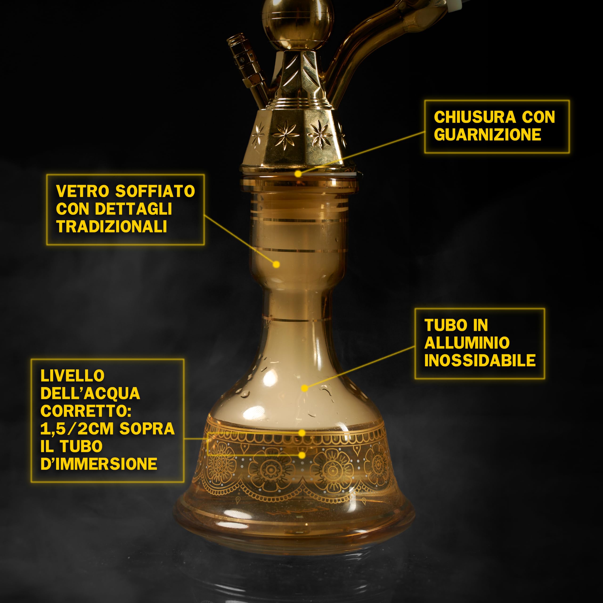 Dark Shisha Cachimba Tradicional Luna Ámbar 44,5 cm + 50 Boquillas Desechables de Colores | Set Completo con Manguera Tradicional, Cazoleta de Piedra, Chimenea, Pinza y Juntas