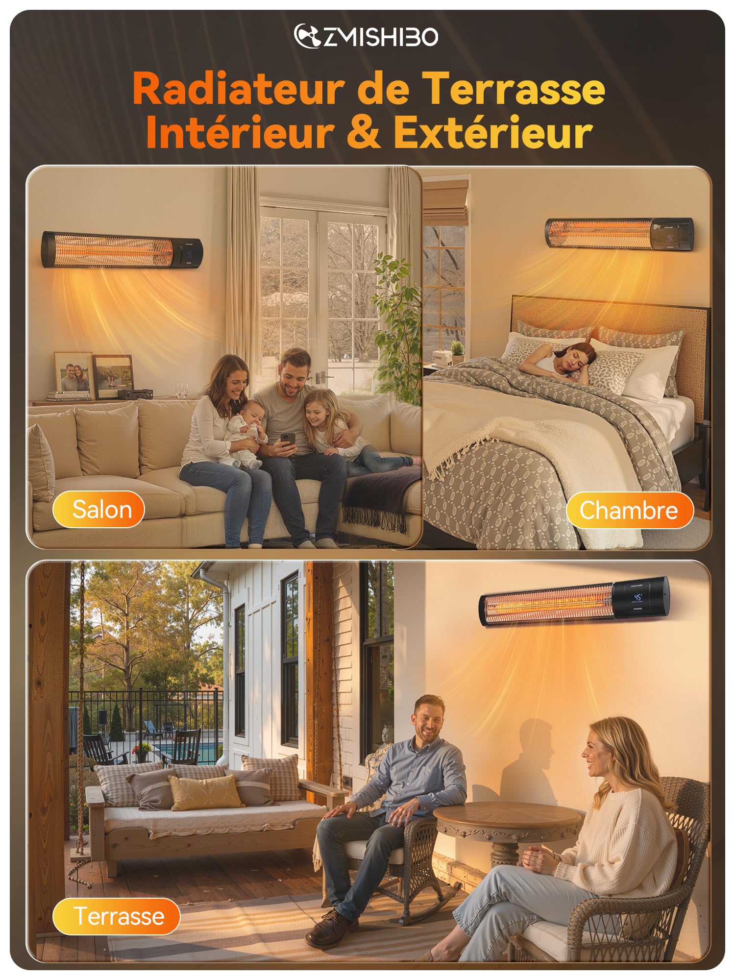 ZMISHIBO Radiateur Infrarouge 2000W, 4 Puissances, IP65 pour Intérieur & Extérieur, Montage Mur/Plafond, avec APP, Écran LED, Détection Fenêtre Ouverte & Sécurité Enfants