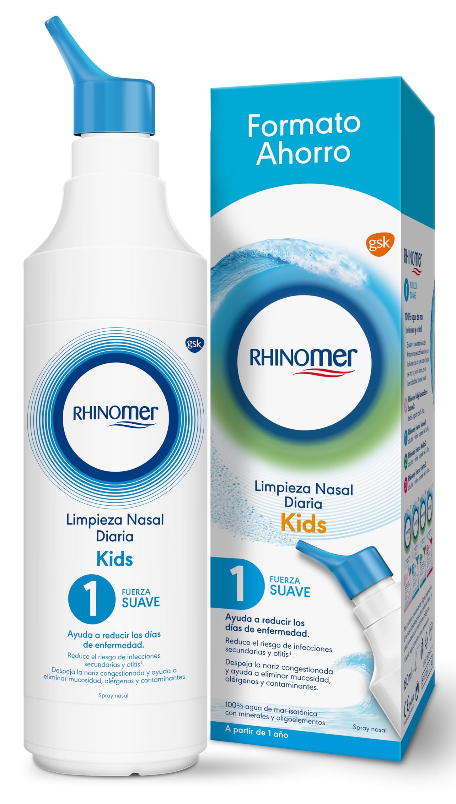 Rhinomer Spray Nasal 100% Agua de Mar, Fuerza Suave 1, Para Adultos y Niños a Partir de 1 Año, 180 ml
