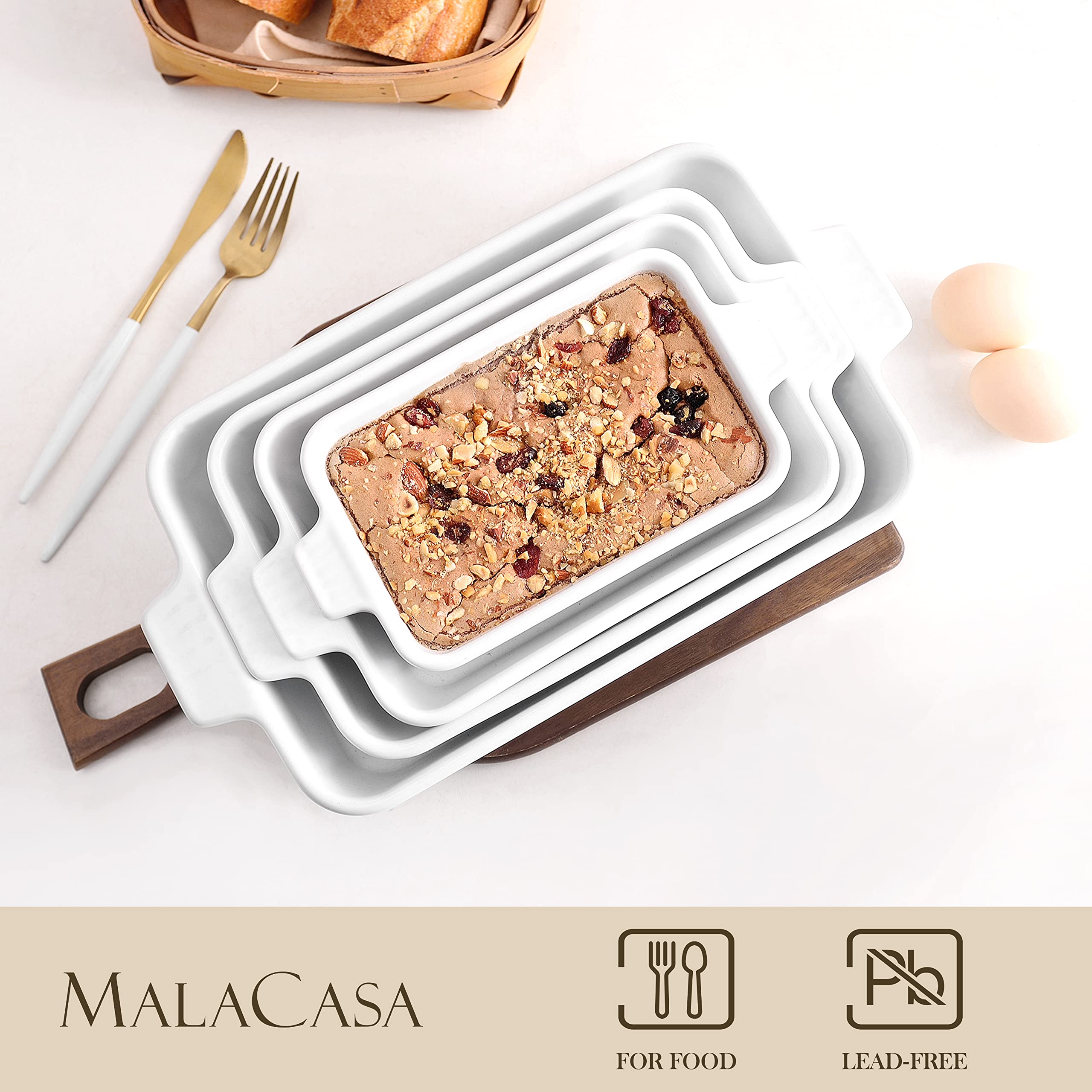 MALACASA Série BAKE, Lot de 4 Plats à Four en Céramique Blanc, 3020ml, 2080ml, 1480ml, 850ml, Plats à Gratin avec Poignées, Passe au Lave-vaisselle, Idéaux pour Cuisson et Gratin