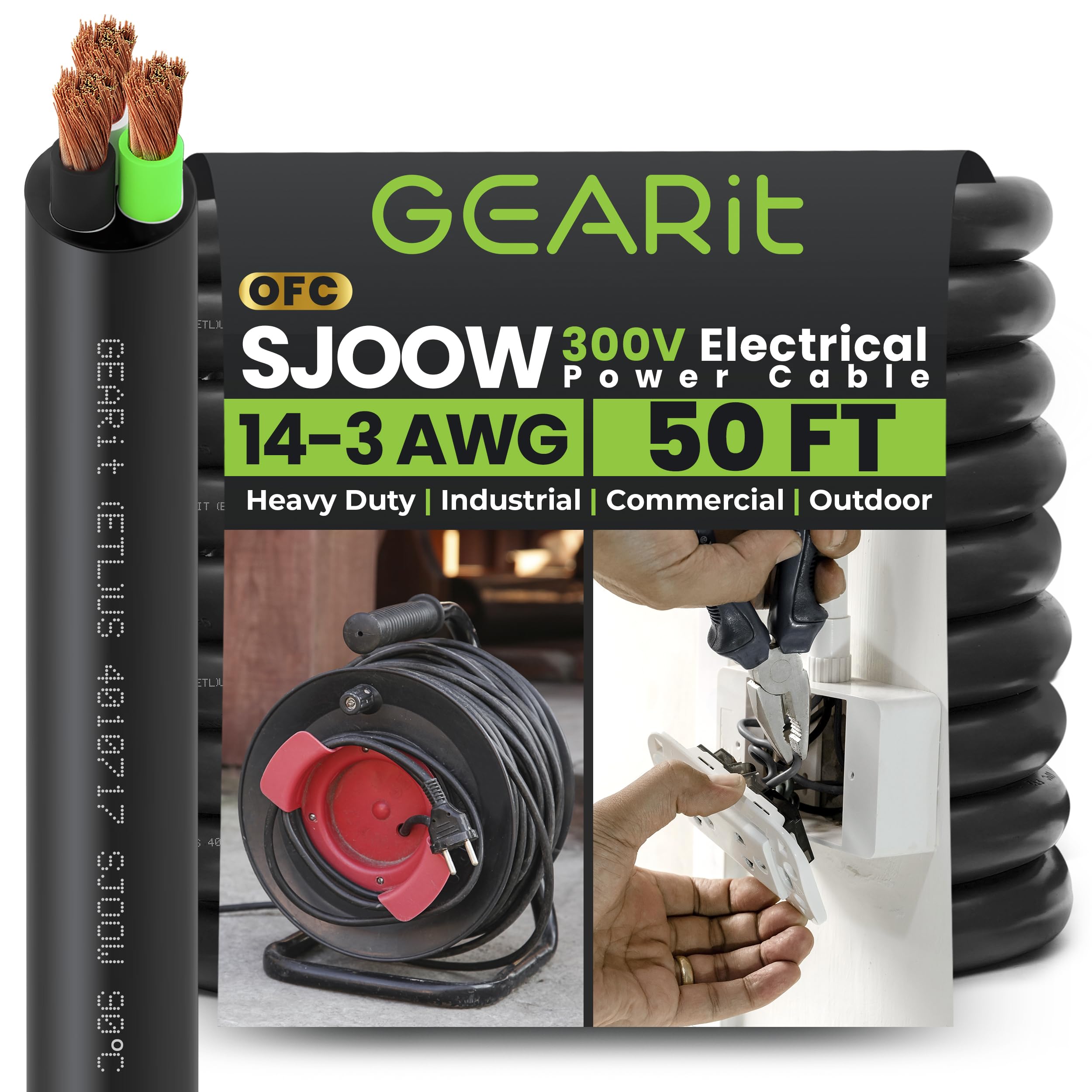 GearIT 14/3 14 AWG Portable Power Cable  100 Feet - 3 Conductor  SOOW 600v 14 Gauge Electric Wire Motor Leads Portable Lights Battery Chargers Stage Ligh - View #5