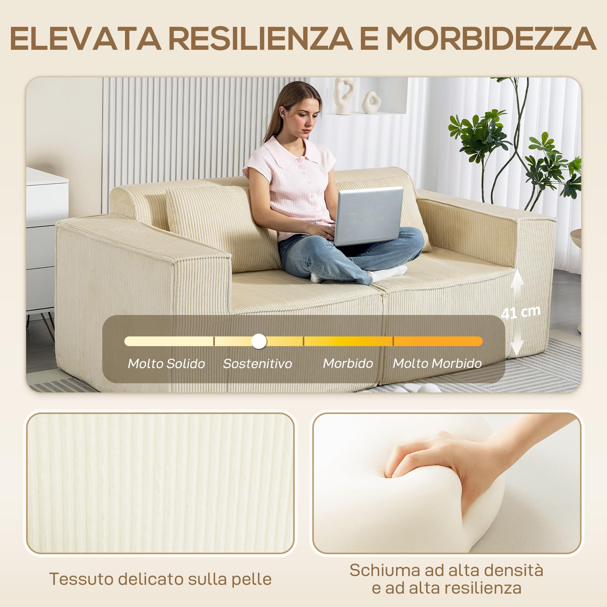 HOMCOM Divano 3 Posti Extra Profondo 65 cm Divanetto Modulare Beige | Senza Struttura, Imbottitura Spessa, Braccioli Larghi, 2 Cuscini, Sofà Moderno in Velluto a Coste, per Salotto e Soggiorno