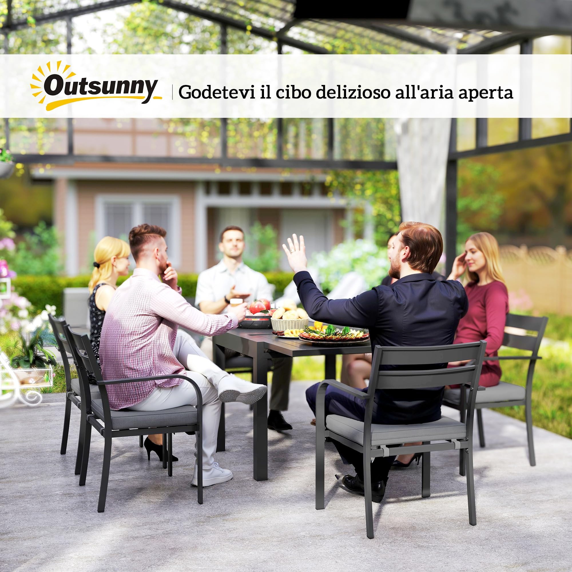 Outsunny Set Tavolo da Giardino con Sedie da 7 Pezzi, Set da Pranzo con Tavolo Allungabile, 6 Sedie da Esterno Impilabili con Braccioli e Cuscini, Set di Mobili a Doghe in Acciaio Alluminio, Grigio