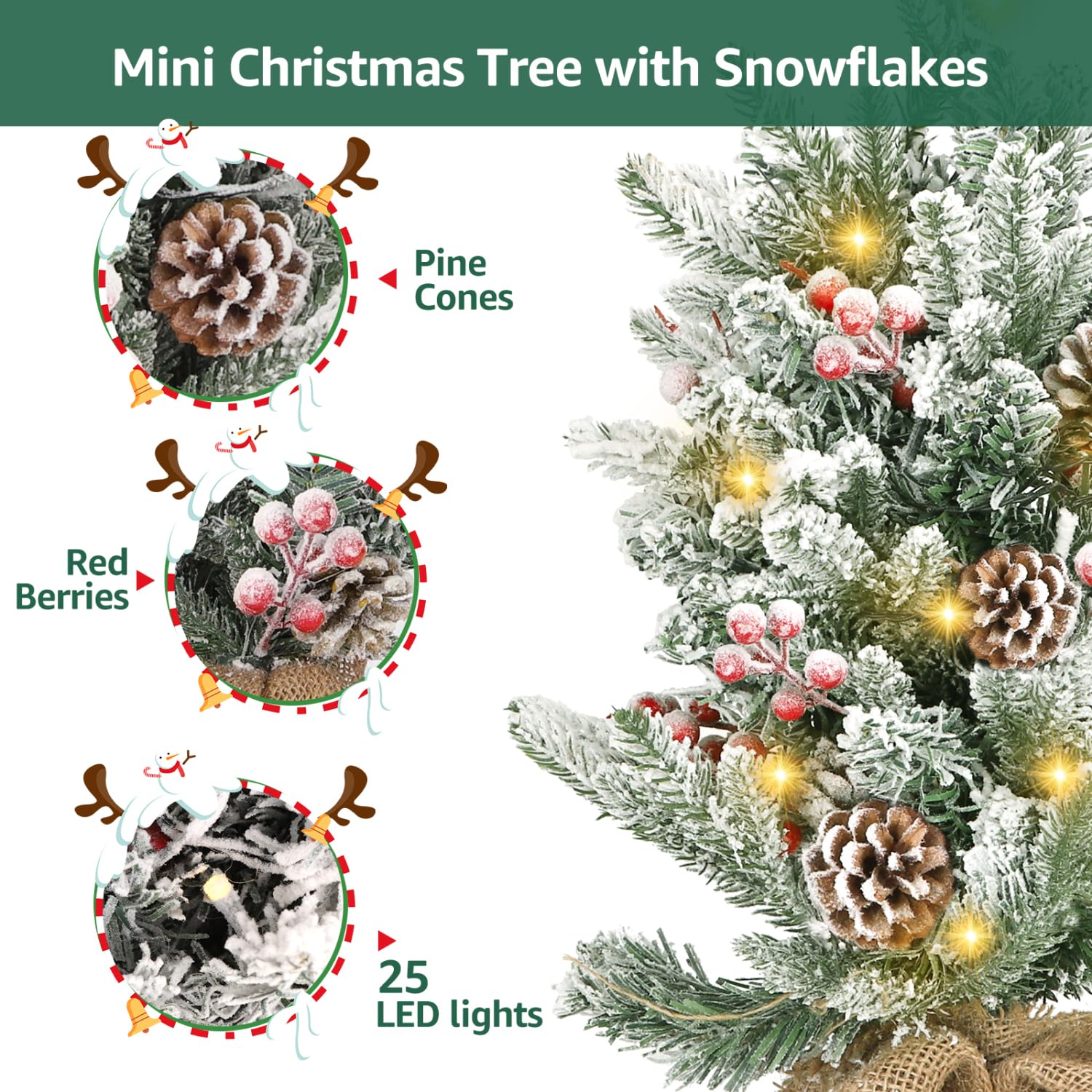 Aigostar Árbol de Navidad con Luces Incorporadas 50cm， 2 Unidad， Árbol de Navidad Pequeño Decorado con Piñas， Nieve Artificial y Frutos Rojos， Ideal para Dormitorio， Salón o Habitación Infantil