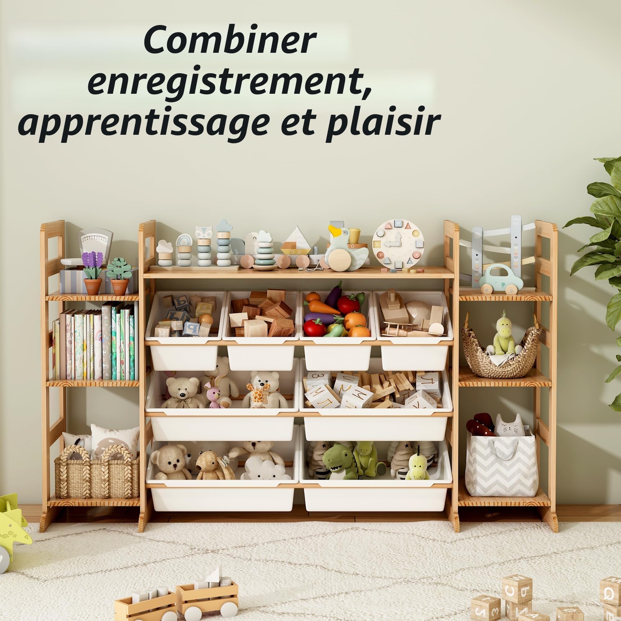 Meuble de Rangement Jouets Enfant Bibliothèque Enfant avec 8 Boîtes Amovibles, Bibliotheque Enfant Bois pour Aux Chambres à Coucher et aux Salles de Classe (133 x 80 x 34.5 cm)
