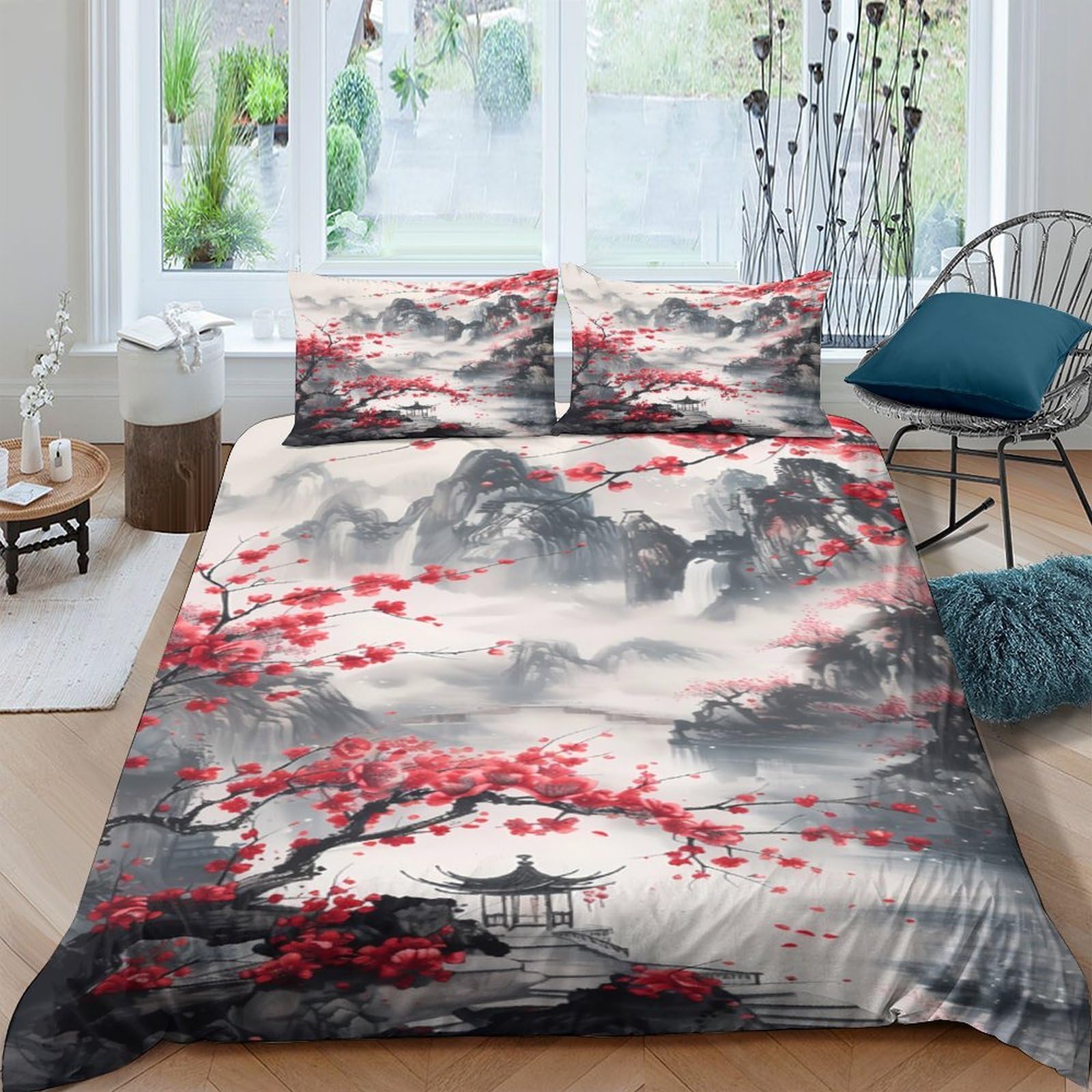 Ctjqhvkz Style-2 3D Printed Cherry Blossom Mountain Fitted Sheet Microfiber Soft Breathable Ink Landscape Bed Cover Bedroom Decor Single（135X200cm）