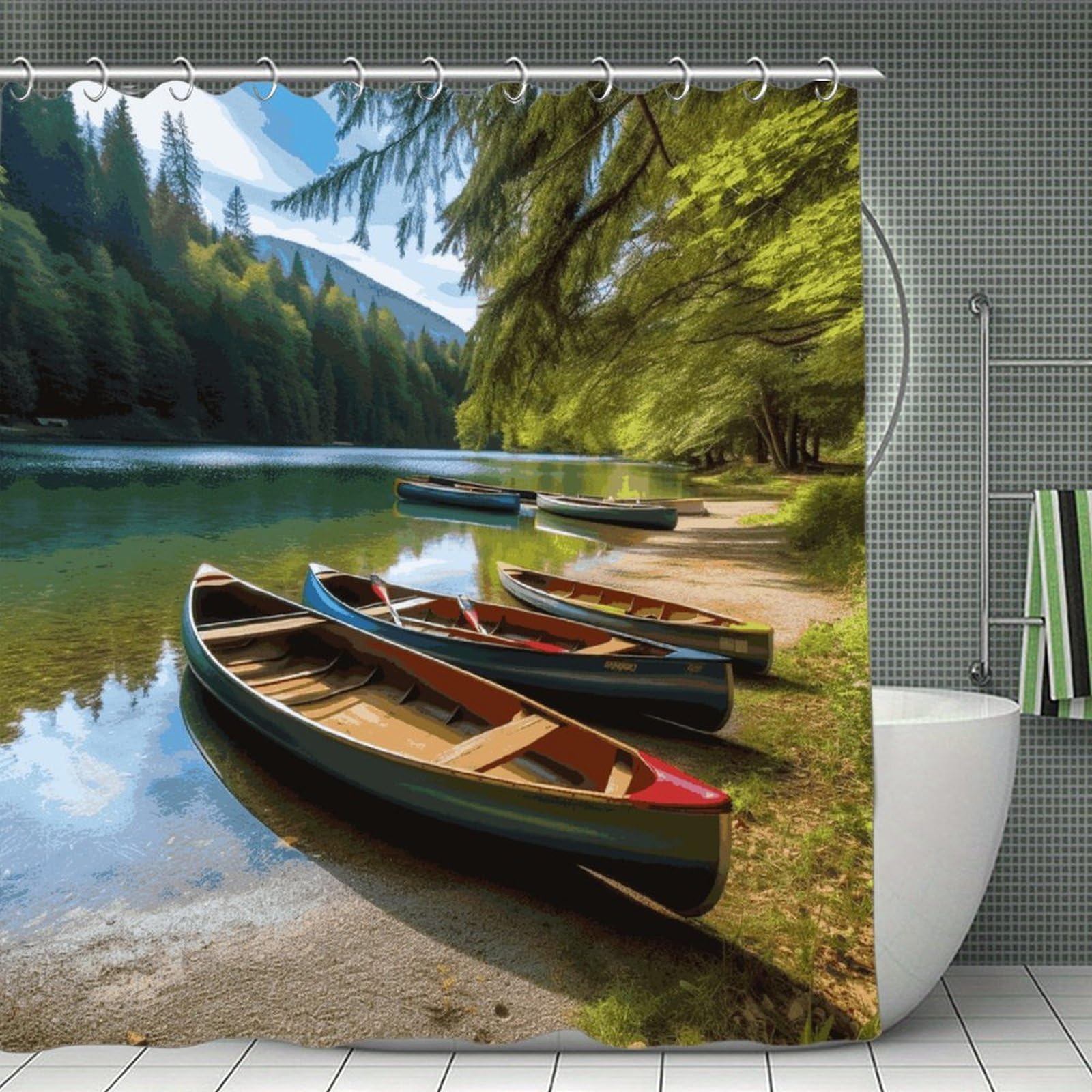 JTREHY Lake with Boats Canoes Park Shower Curtain Waterproof Bathroom Shower Curtain Machine Washable Bath Curtains Polyester Cloth Bath Curtains for Bathroom Showers 70.8×70.8Inch