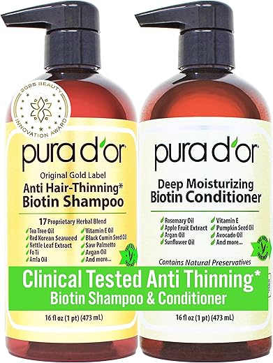 PURA D’OR Anti-Thinning Biotin Shampoo and Conditioner Natural Earthy Scent,Clinically Tested Proven Results DHT Blocker Thickening Products For Women & Men,Original Gold Label Hair Care Set 16oz x2