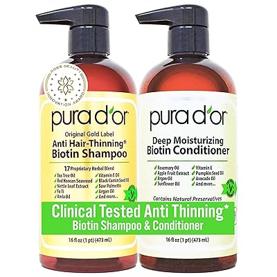 PURA D'OR Anti-Thinning Biotin Shampoo & Deep Moisturizing Conditioner Original Gold Label Set (16oz x2) Natural Earthy Scent, CLINICALLY TESTED Effective Results, Hair Thickening Product, Women & Men