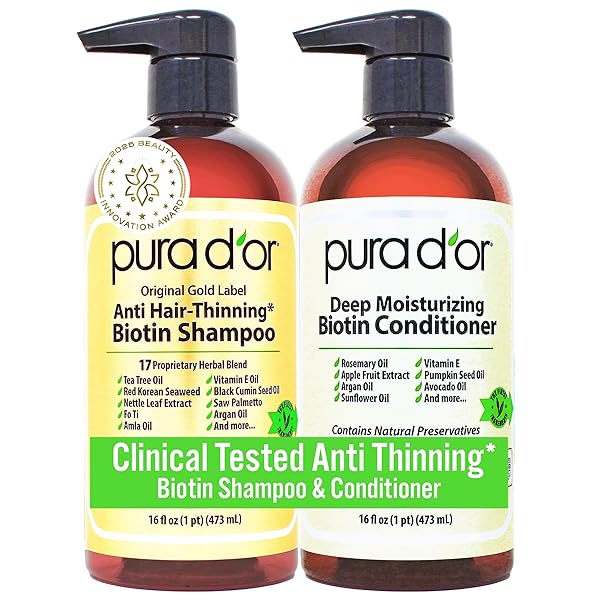 PURA D'OR Anti-Thinning Biotin Shampoo & Deep Moisturizing Conditioner Original Gold Label Set (16oz x2) Natural Earthy Scent, CLINICALLY TESTED Effective Results, Hair Thickening Product, Women & Men