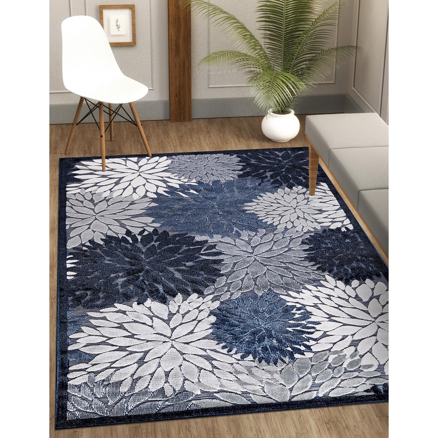 CAMILSON Indoor/Outdoor Rug Navy Blue 10’x14’ Floral Exotic Tropical Area Rugs for Indoor and Outdoor patios, Easy-Cleaning Non-Shedding Living Room, Garden and Kitchen Washable Outside Carpet (10x14)