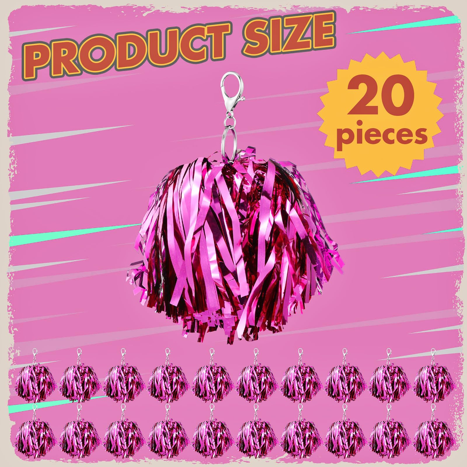 Colingmill 20 Pcs Cheer Pom Pom Keychains Cheer Gift Bulk Cheerleading Keyring Charm for Women Cheer Accessory Sports Events(Rose Red)