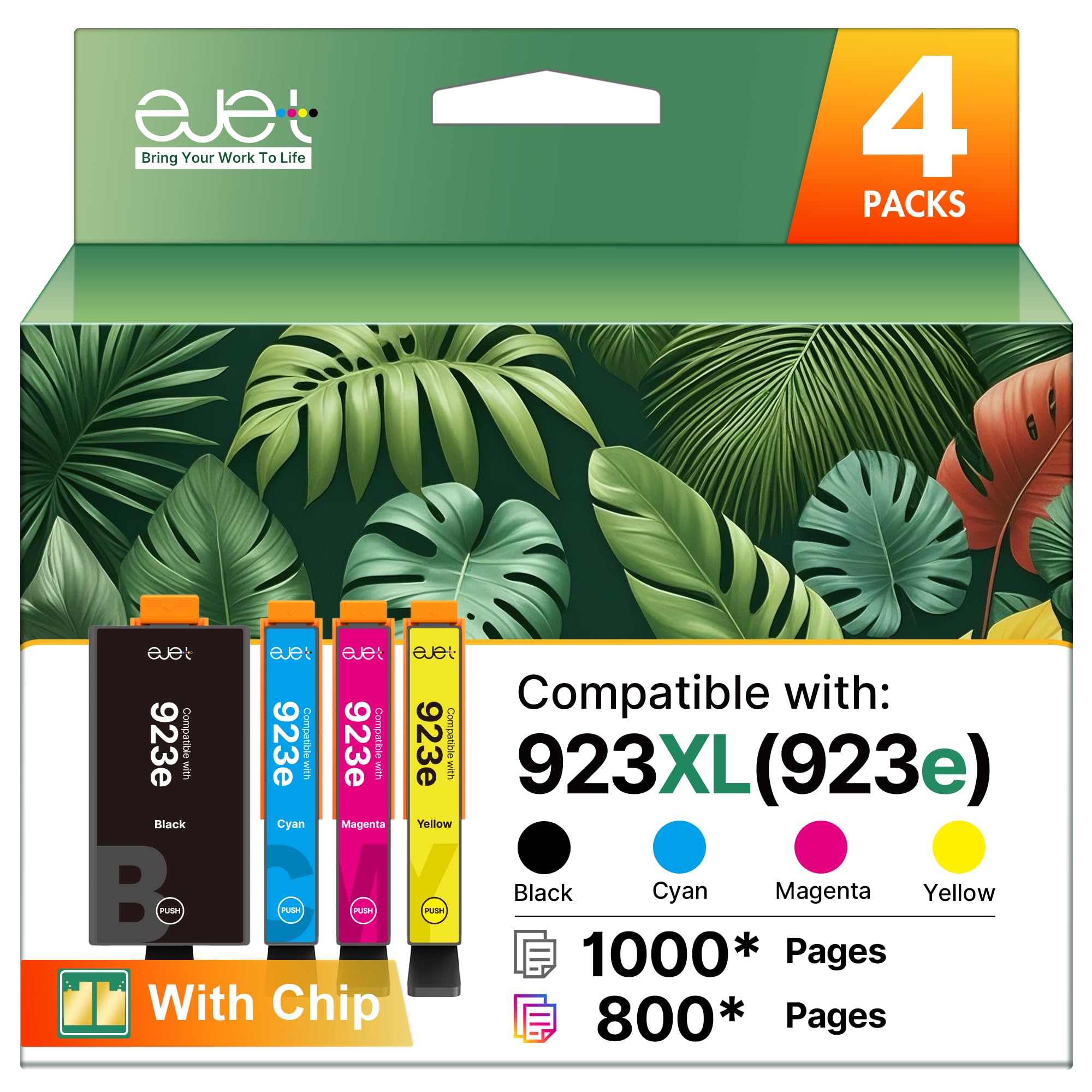 ejet Compatible Ink Cartridge Replacement for HP 923 923XL, 4-Pack Black Cyan Magenta Yellow, High Yield Compatible with OfficeJet Pro 8130e 8120e