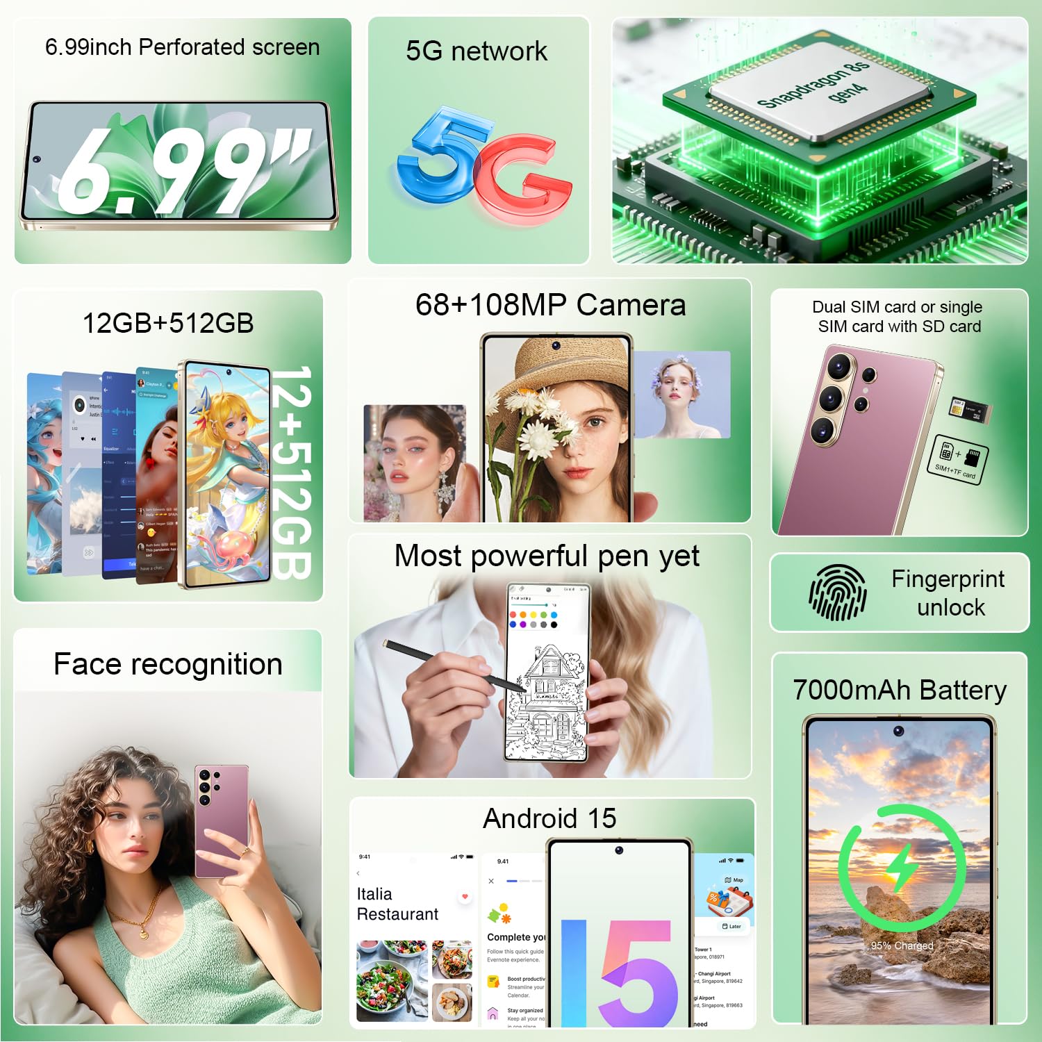 I26 Ultra Unlocked Cell Phone,Built in Pen, Smartphone Battery 7000mAh,6.99" HD Screen Unlocked Phones, 68MP+108MP, 12+512GB 5G The Phone Android 15, Face ID/Fingerprint Lock/GPS (Rose Gold, 12+512) — view 2