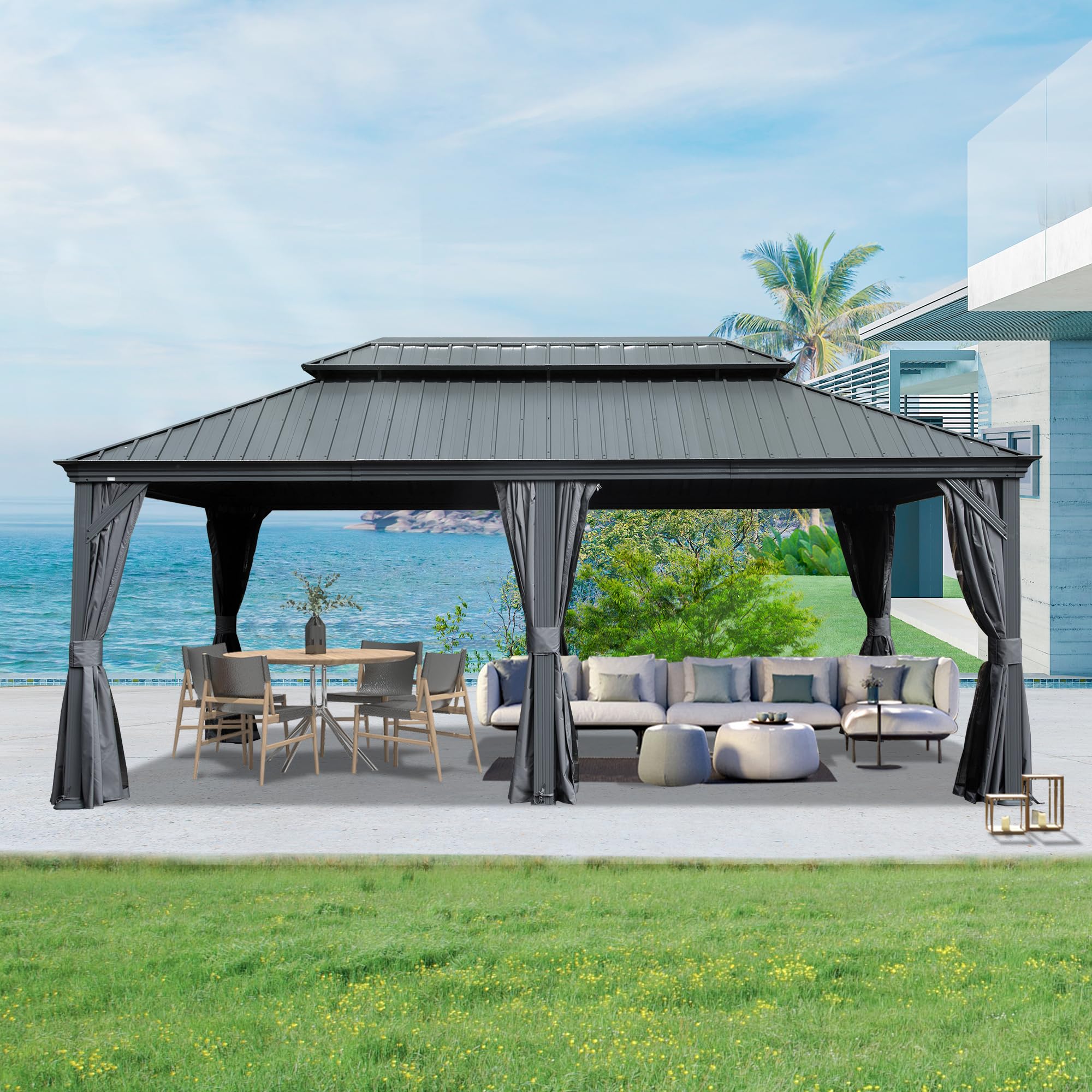Domi 14' X 20' Hardtop Gazebo, Upgraded Metal Gazebo with Drainage System, Dual-Layer Galvanized Steel Roof, Curtain and Netting, Outdoor Shelter