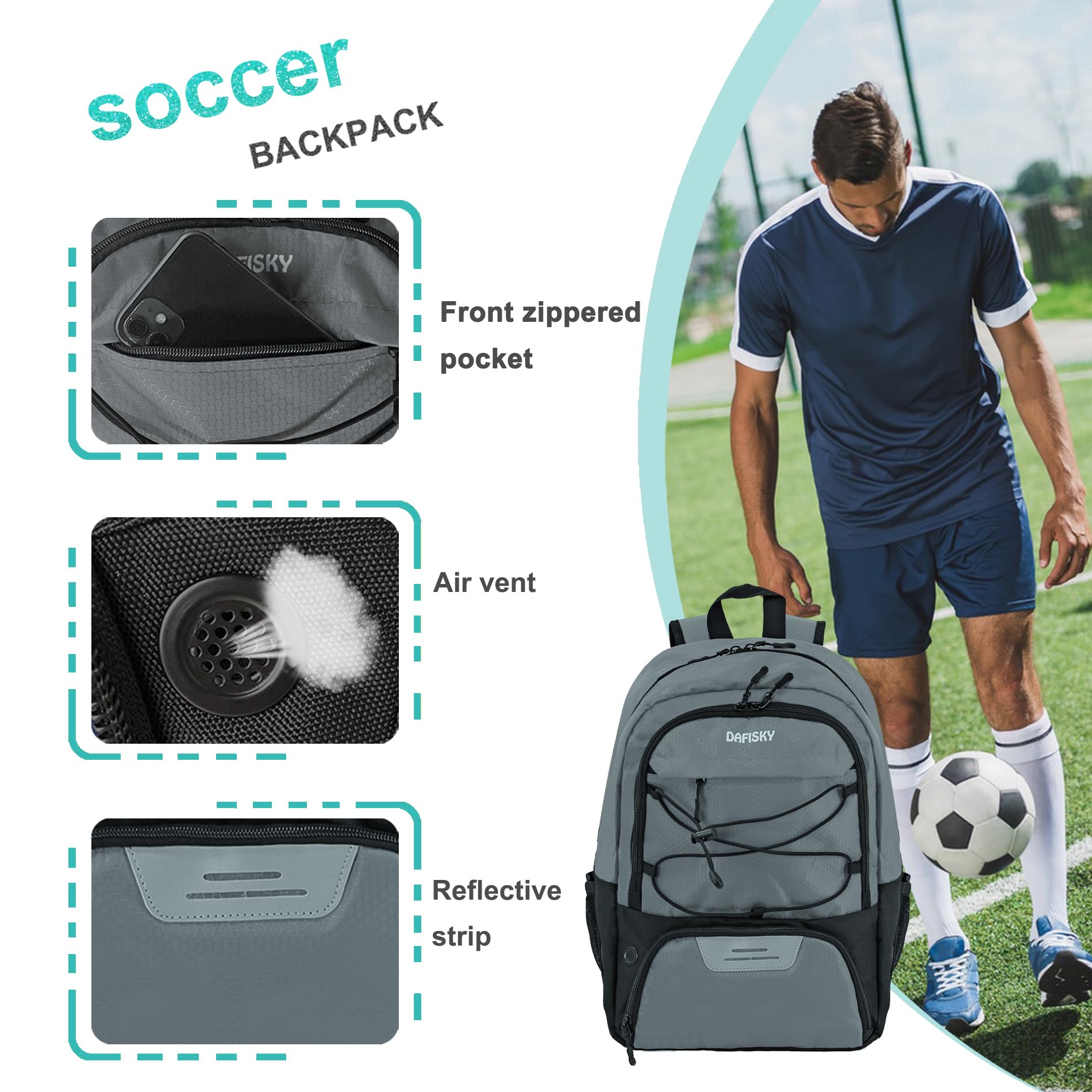 DAFISKY Jugend-Fußball-Rucksack, Basketballtasche, Ballfach und atmungsaktive, separate Stollen, wasserabweisend, leicht, langlebig, ergonomisch, Komfort-Sportausrüstung für Volleyball, Fußball