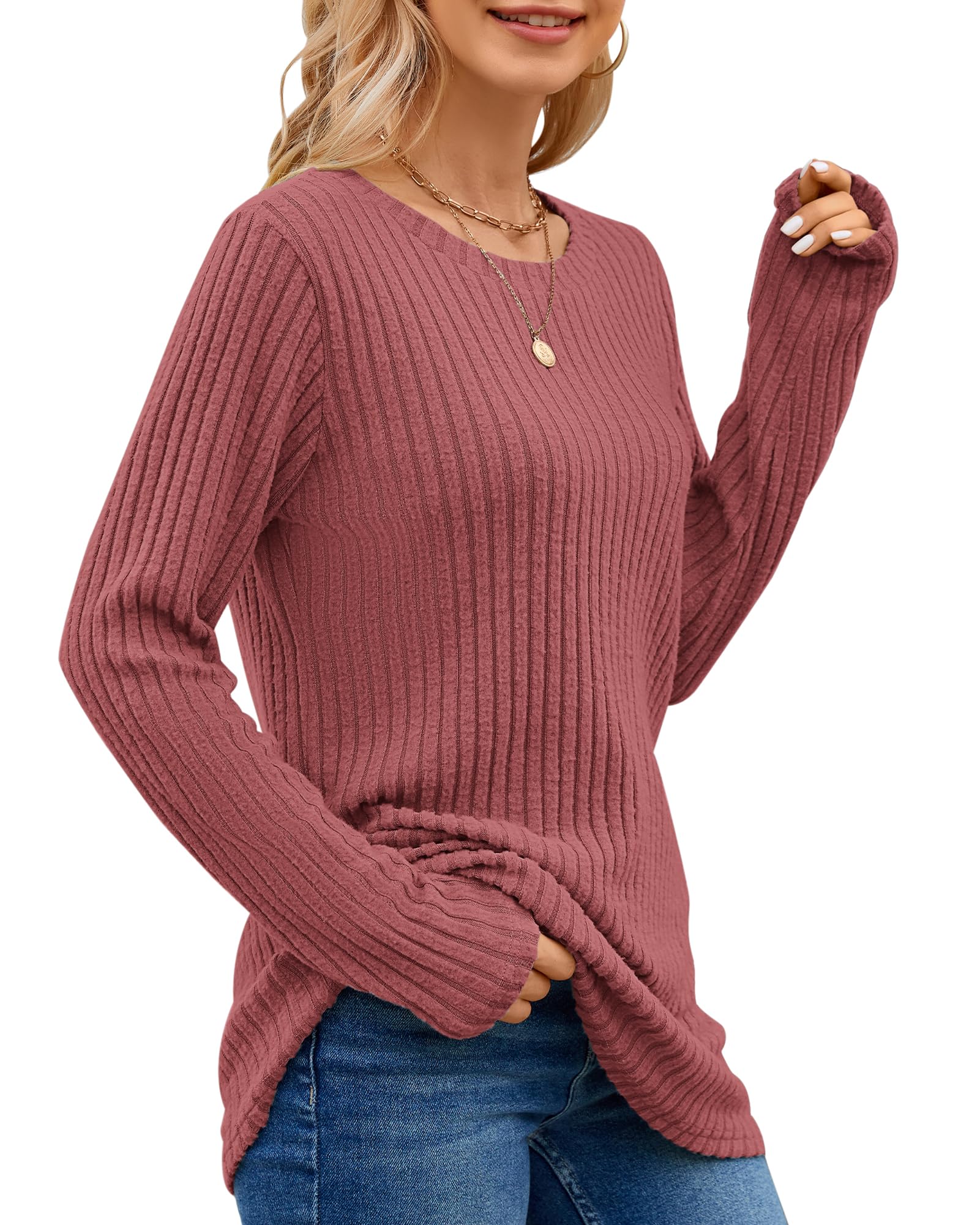 WNEEDU Maglie a Maniche Lunghe da Donna, Felpe Girocollo Leggere e morbide, Maglioni a Righe Tinta Unita da Donna, Maglioni Pullover