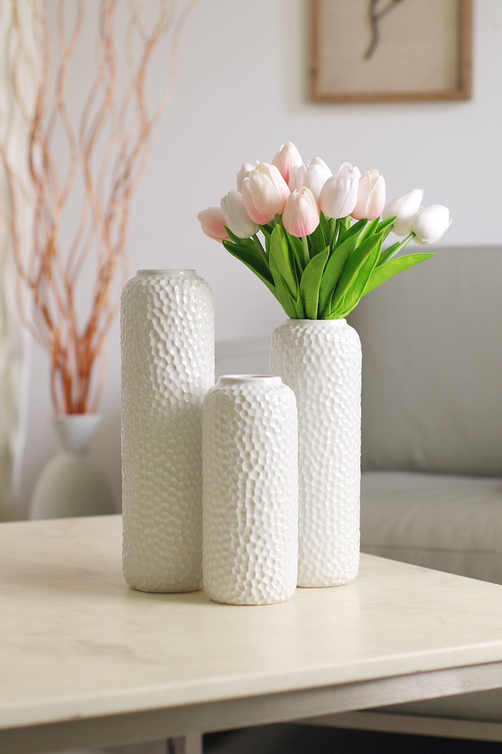 Hosley Set of 3 White Ceramic Honeycomb Vase Tall 12 Inch Medium 10 Inch Short 8 Inch High Each. Ideal Gift for Wedding Special Occasion Dried Floral Arrangements Home Office Spa O4