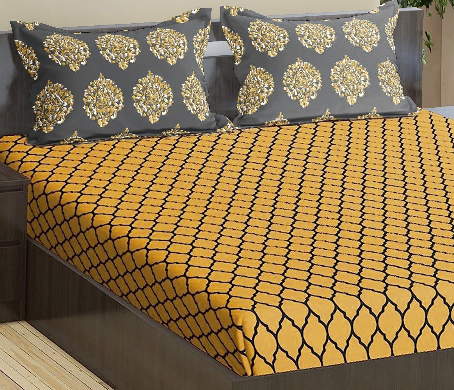 Queen Size Cotton Bedsheet Set - Warm Grey Mustard -2