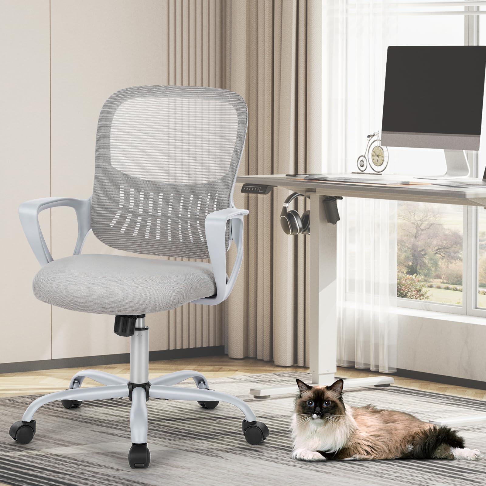 Sweetcrispy Bürostuhl Ergonomisch scrivania con Supporto Lombare, braccioli Regolabili, Sedia Girevole, Adatta per Ufficio e Camera da Letto (Nero), Metallo, Grigio, Fester Handlauf
