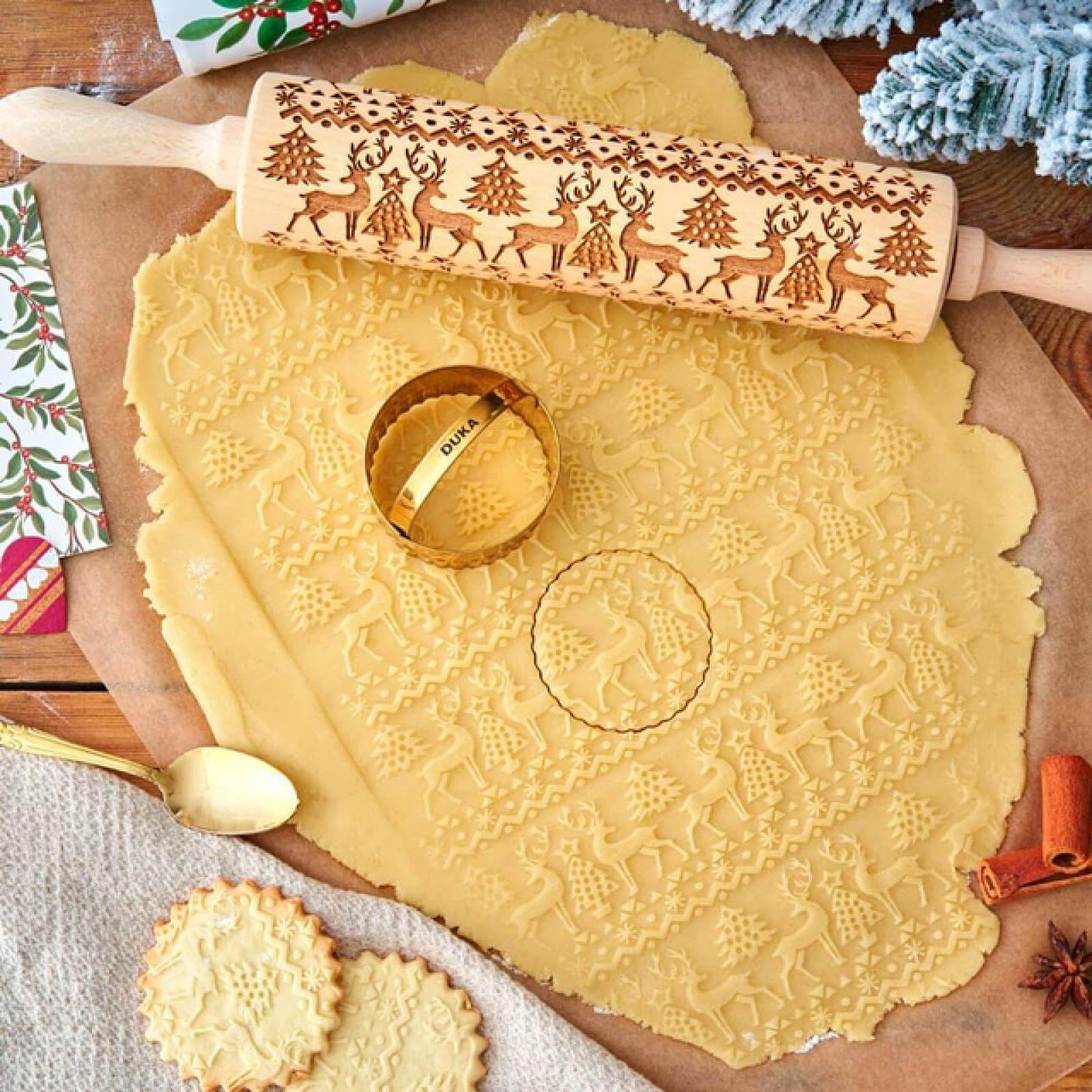 Rodillo de cocina antiadherente con relieve, Rodillo con relieve navideño de 35CM, madera tallada for galletas, galletas, Fondant, masa for hornear, rodillo impreso grabado(E)