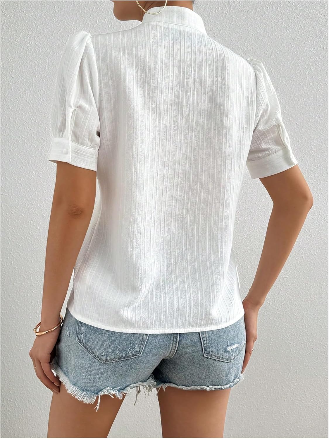 Floerns Women's Floral Embroidery Button Down Shirts Puff Sleeve Dressy Casual Blouse Top - Image 3