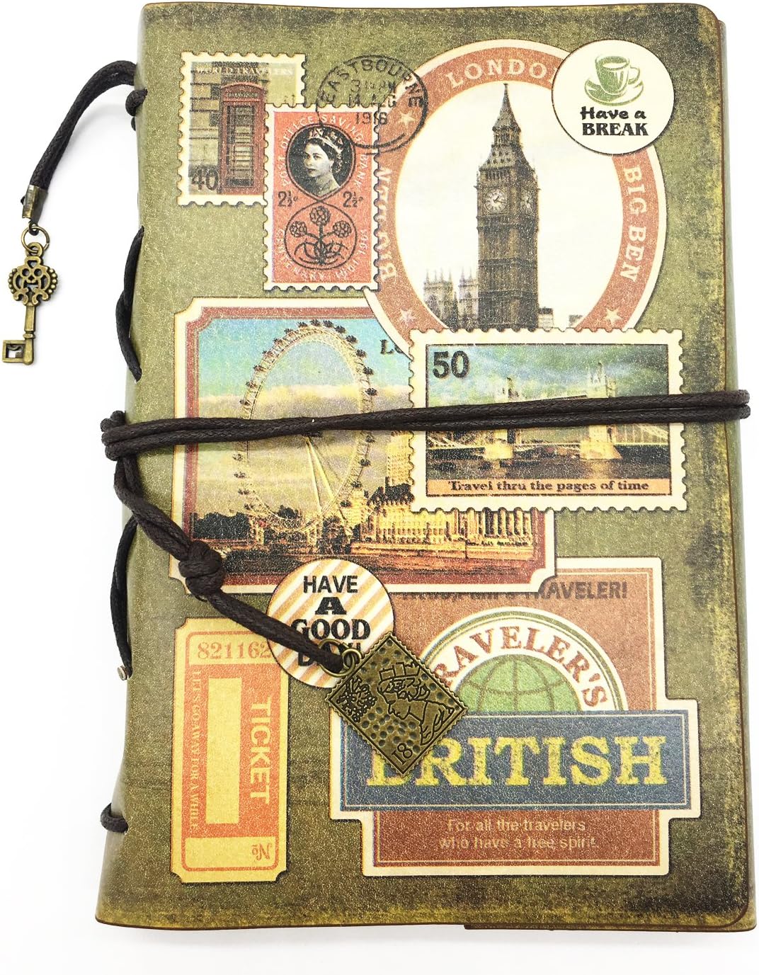 iToolai Women's PU Leather Bound Blank A6 Refillable Travel Writing Journals, Retro Unruled NoteBook, Spiral Dairy Soft Cover Binder (Stamps)