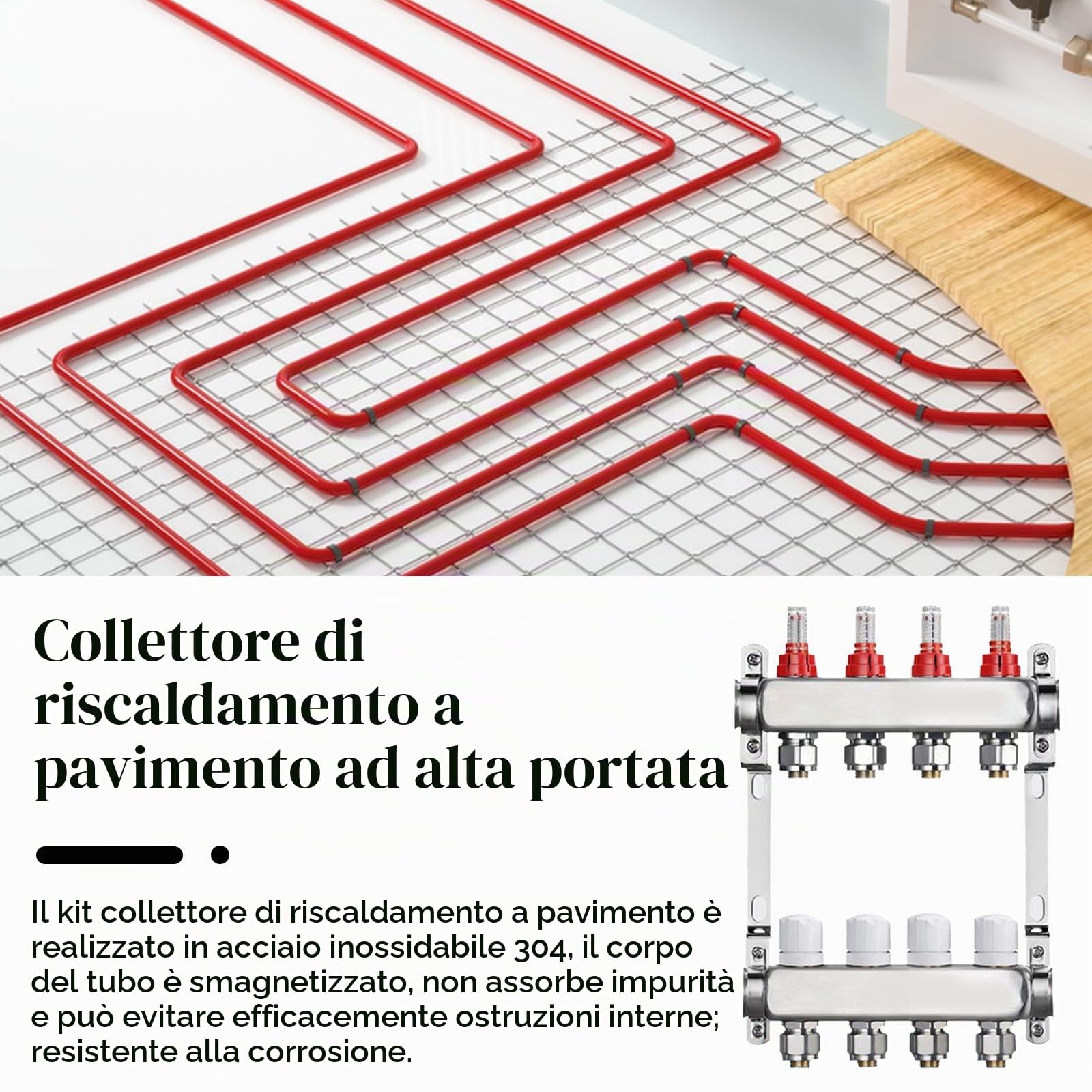 Distributore Circuito Riscaldamento, Misuratore Portata 4 Circuiti Riscaldamento Pavimento Impianto Riscaldamento Pavimento Acciaio Inox Con Flussometro Senza Valvola Sfera Filettatura Esterna 3/4"