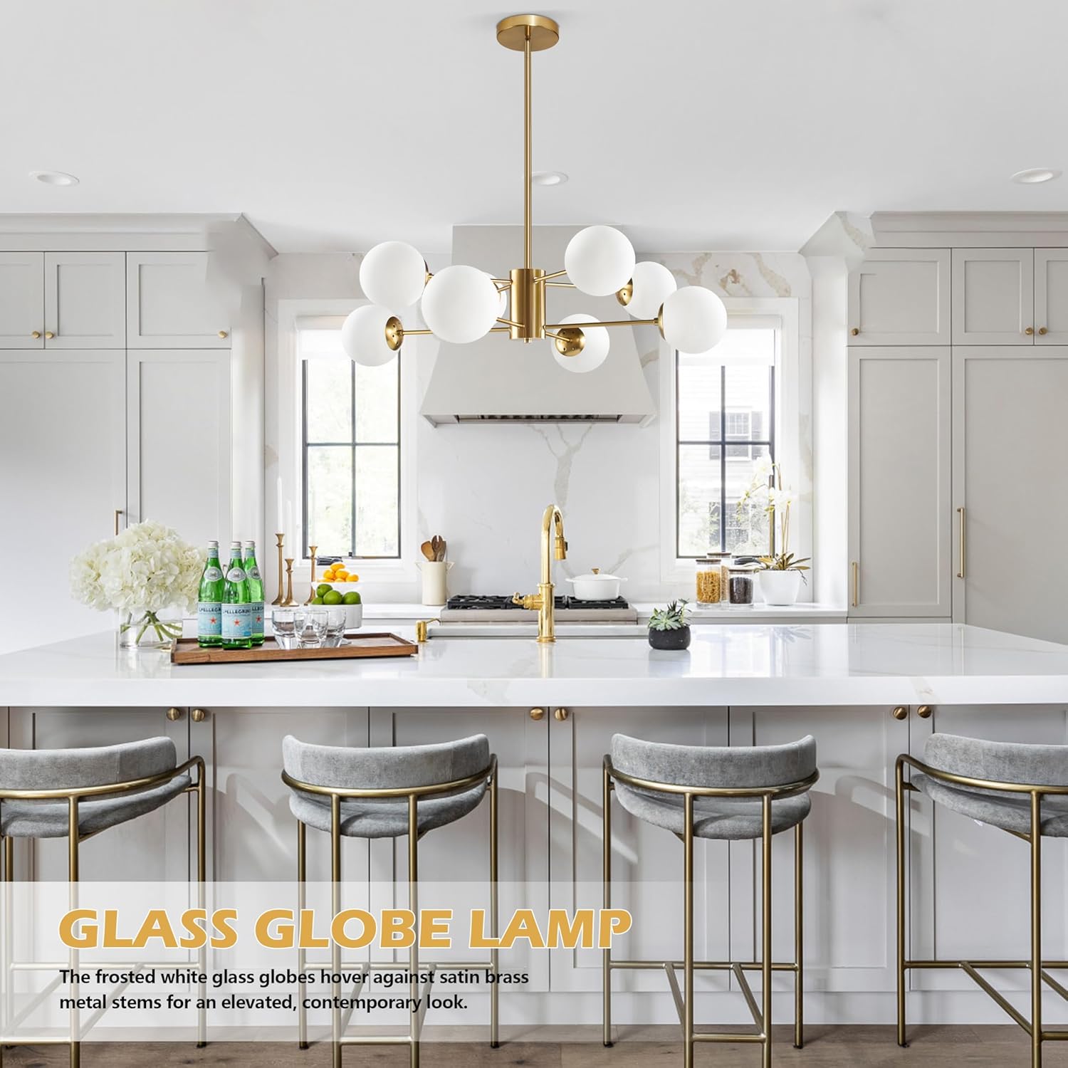 Bagood 8-Light Globe Sputnik Chandelier Gold Mid Century Modern Light Fixture Brushed Brass Finished with White Frosted Globe Glass Lampshade Sputnik Chandeliers for Dining Room Kitchen Island Bedroom