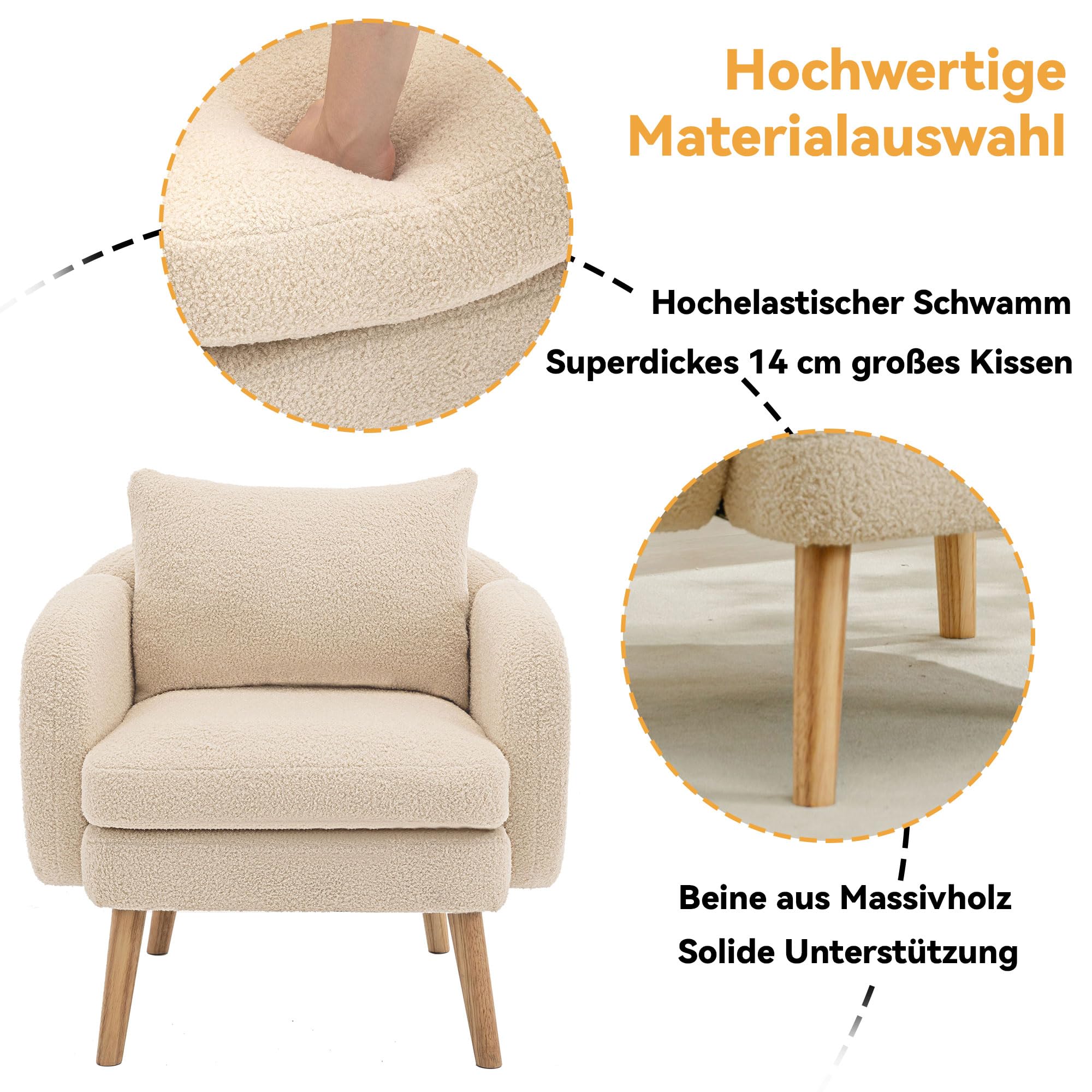 Merax Sessel Teddy-Samt Ohrensessel mit Kissen Loungesessel mit Armlehnen modern Holzbeine Einzelsofa Relaxsessel Polstersessel für Wohnzimmer/Lesezimmer, Beige