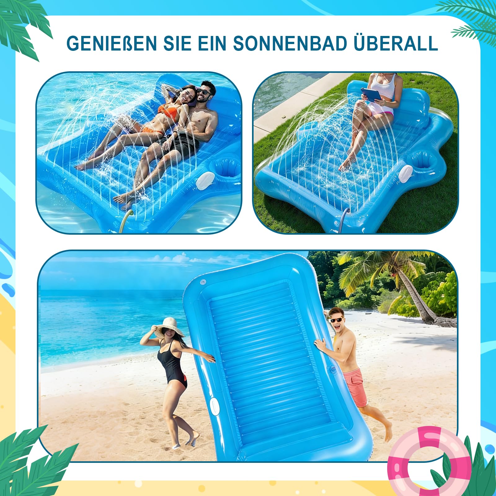 Cama hinchable azul con soporte para tazas, colchón de aire bronceado piscina adulto, mango y respaldo de verano, piscina portátil, grande, inflable para adultos, piscina, playa, diversión de verano