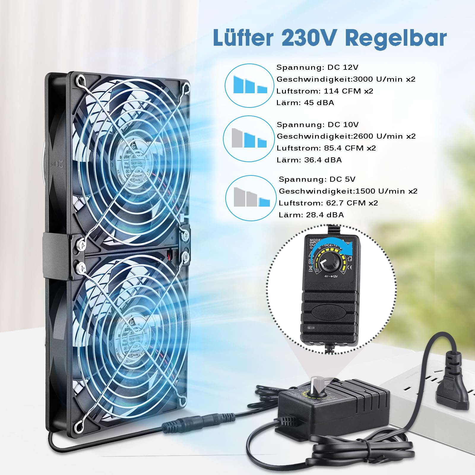 GDSTIME Ventola 240 mm 230 V doppia ventola 2 x 120 mm PC ventilatore 230 V PC 240 mm con DC 4 V – 12 V velocità regolabile per computer laptop