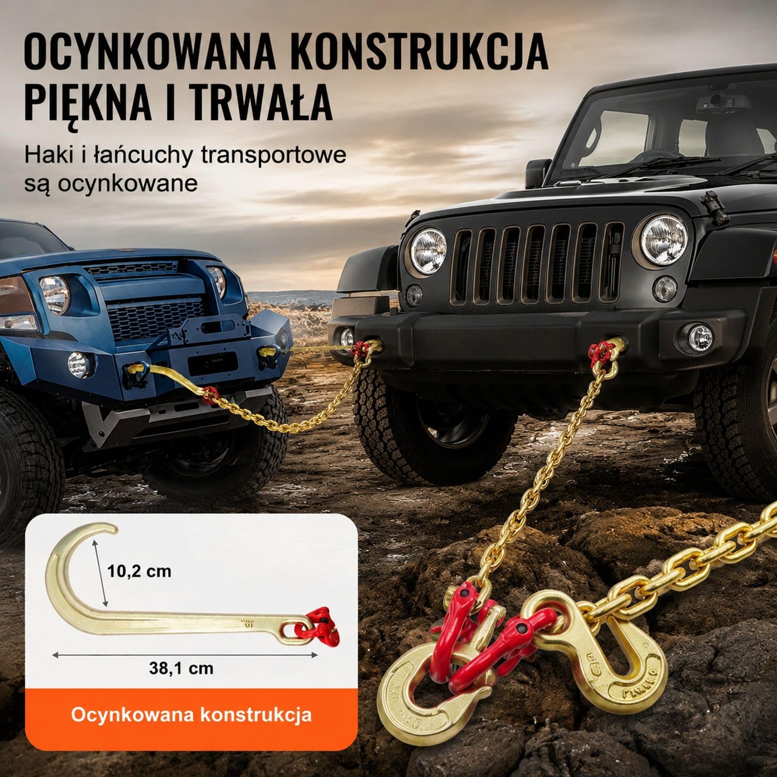 Łańcuch holowniczy z hakami J, układ V do transportu pojazdów