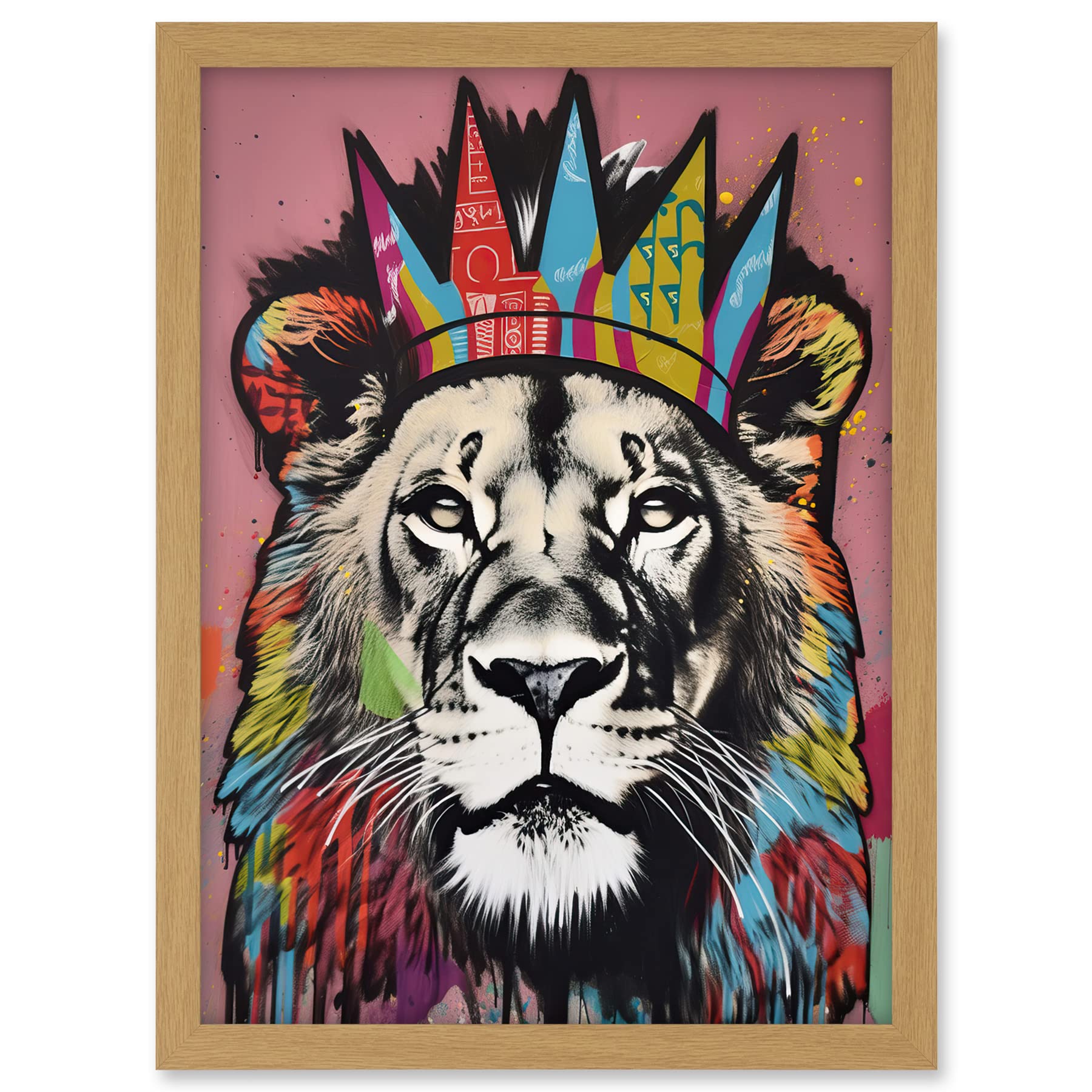 Artery8 Lion with Crown King of the Jungle Modern Pop Art Artwork Framed A3 Wall Art Print