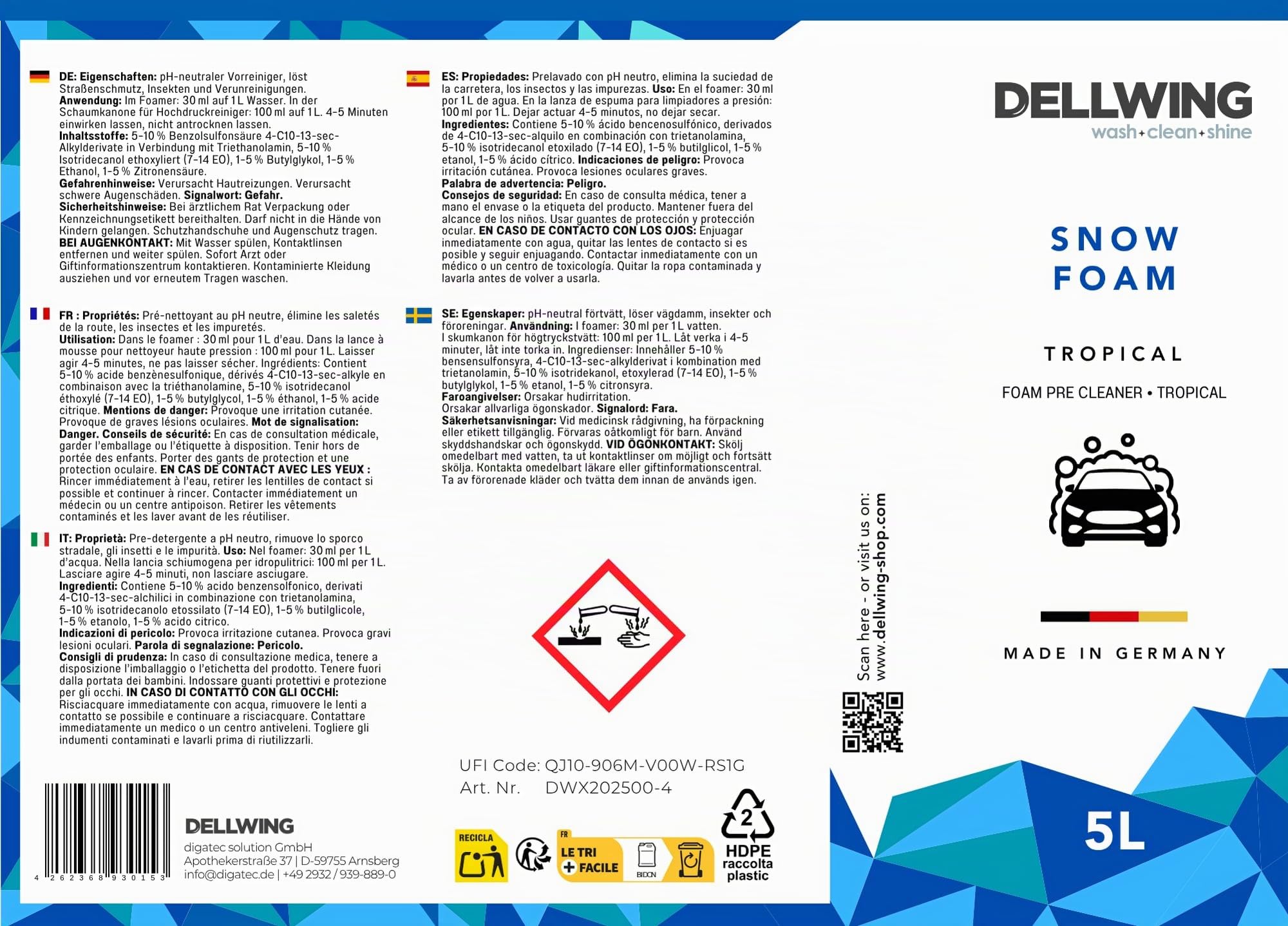 Dellwing Pre Clean Snow Foam concentrato 5 l, shampoo prelavaggio auto pH neutro, detergente schiumogeno per lavaggio auto e cura esterna, odore tropicale, Made in Germany