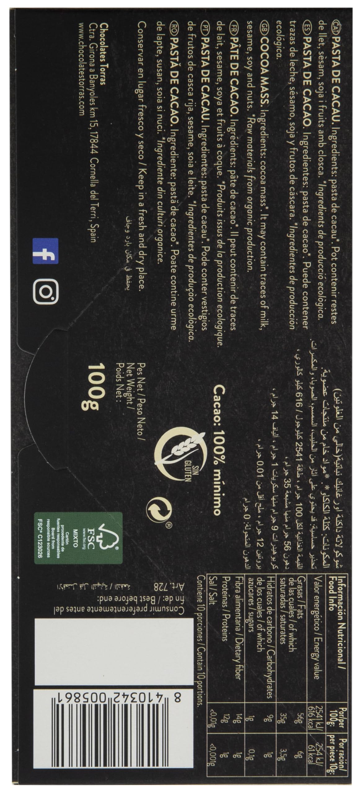 Torras Orgánico Chocolate 100% Cacao, 100g BIO