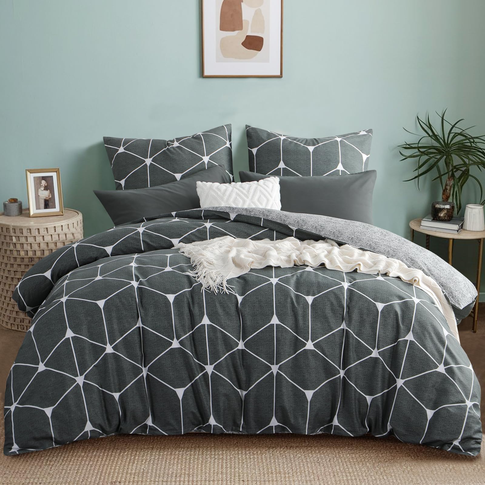 RUIKASI Bettwäsche 200x220 Baumwolle 3 teilig Anthrazit - Baumwollbettwäsche 200 x 220 mit Geometrie Muster, Bettbezug Set 220x200 Cotton mit Reißverschluss