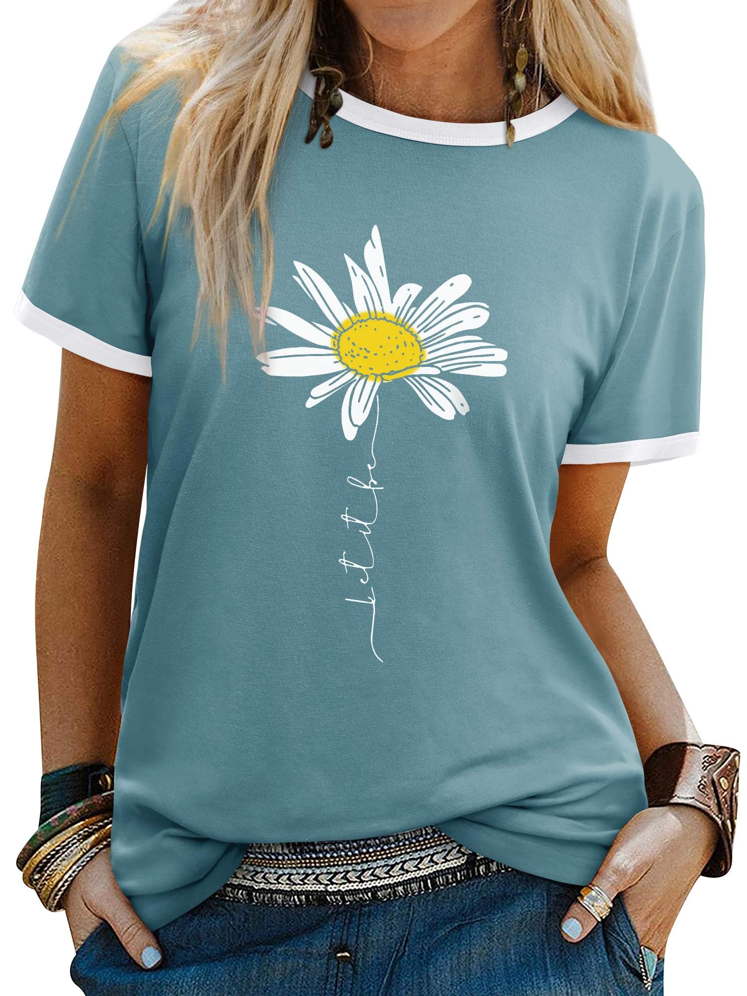 Dresswel Women's ‘Let It Be’ Daisy Graphic Print T-Shirt Short Sleeves Crew Neck Summer T-Shirt Top