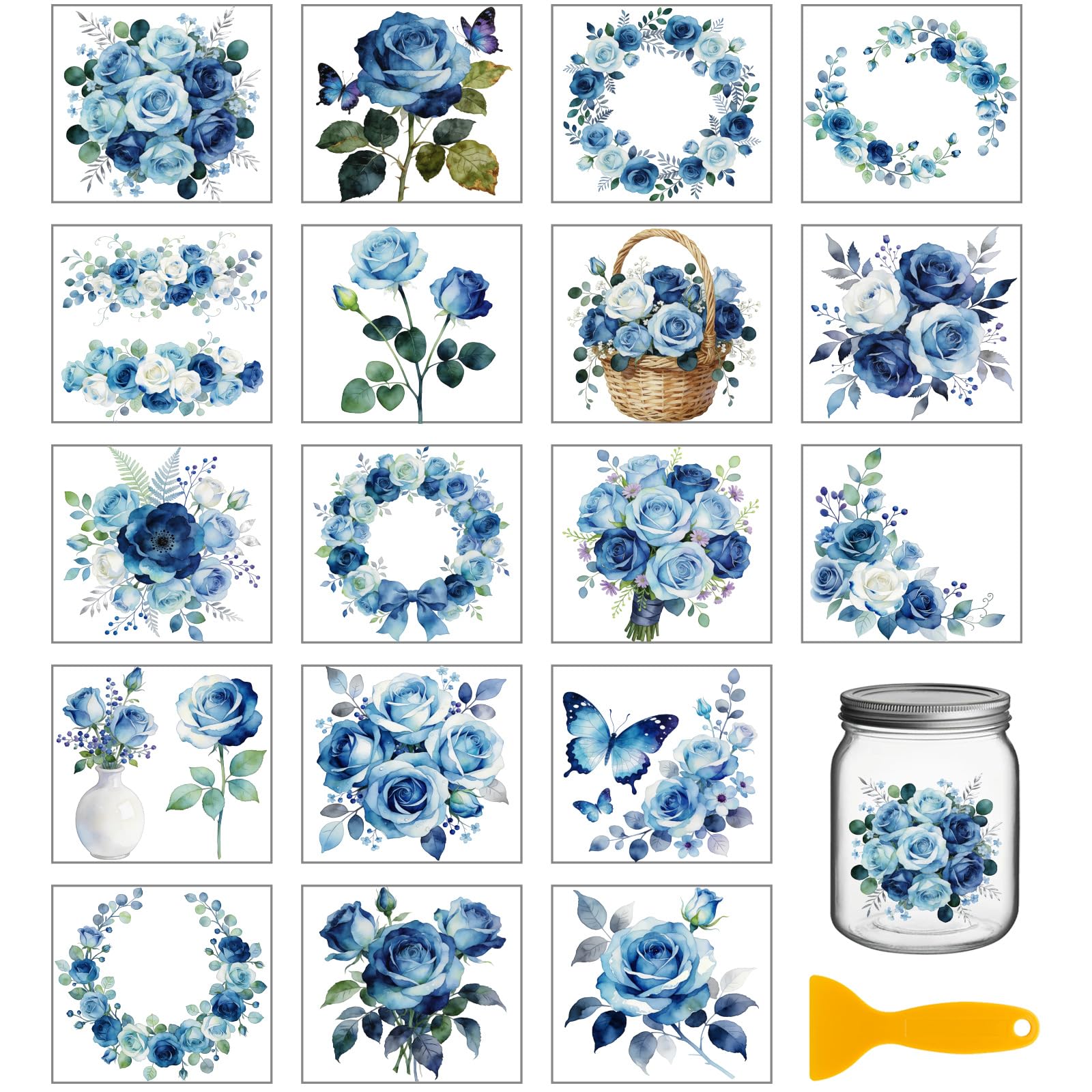 GLOBLELAND 18 Sheets Blue Flowers Transfer Sticker 3.9x3.6 inch