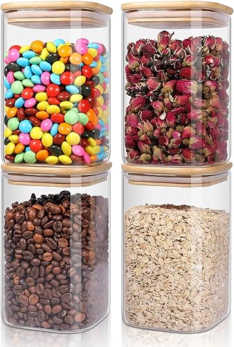 Paquete de 4 recipientes de almacenamiento de vidrio con tapas, tarros de alimentos transparentes para despensa, barra de café, recipientes
