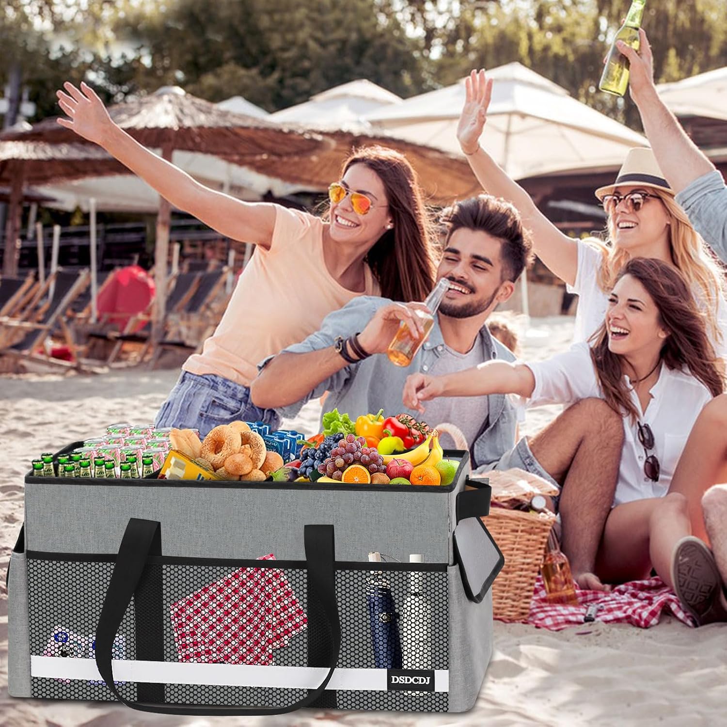 Upgrade Extra Large Utility Tote Bag with Reflective Strip, Standing Reusable Grocery Bags with Hard Bottom & 4 Sided Reinforced, Collapsible Utility Tote with Handles for Beach, Picnics, Car - Image 3