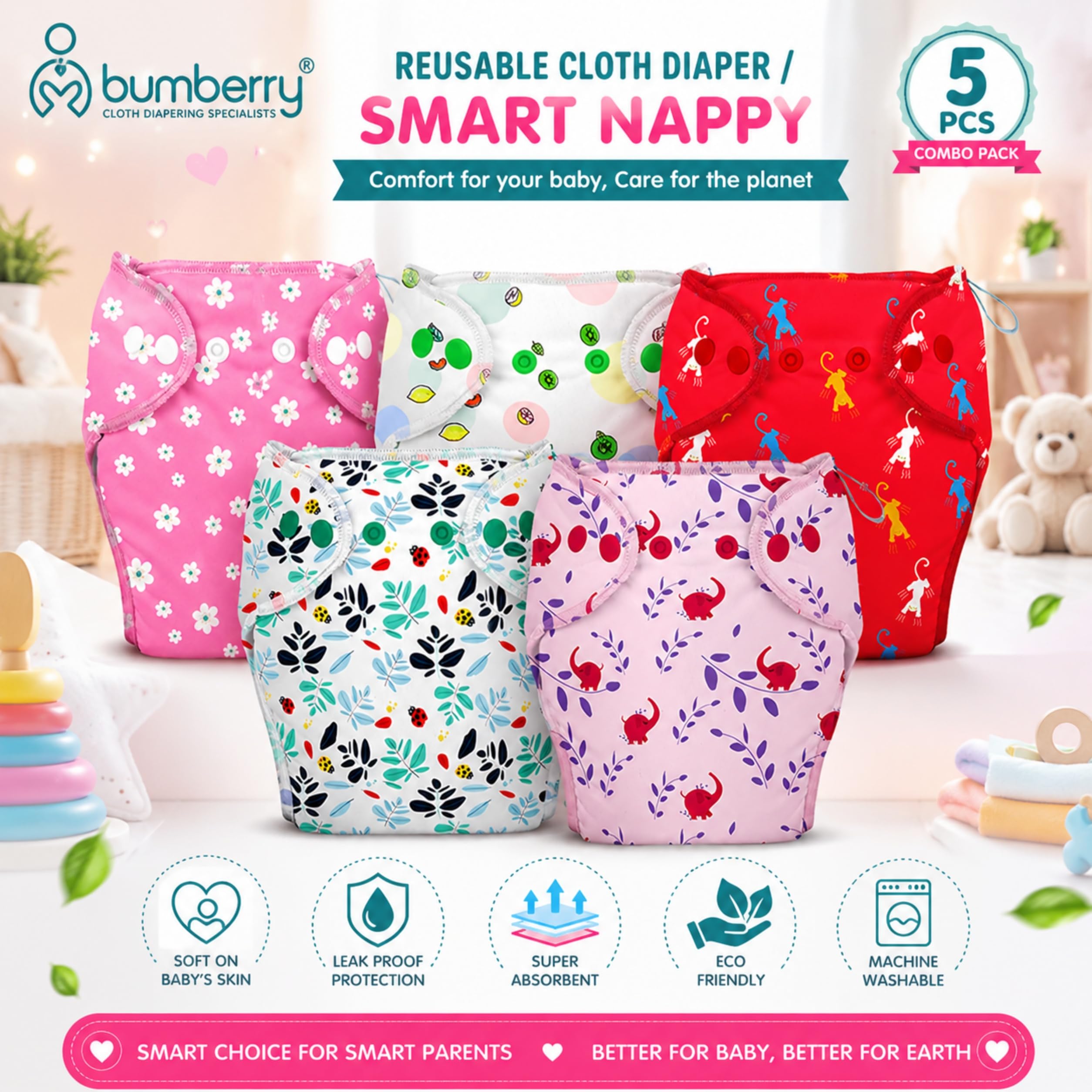 Bumberry New & Improved Smart Nappy Cloth Diaper for Newborn Baby | LXL | 10 - 18 Months | Reusable & Washable Baby Diaper | Extra Absorbent, Leak Protection, Stay Dry & Soft | Holds Up to 3 Pees | Pack of 5 ,Kit 2 2