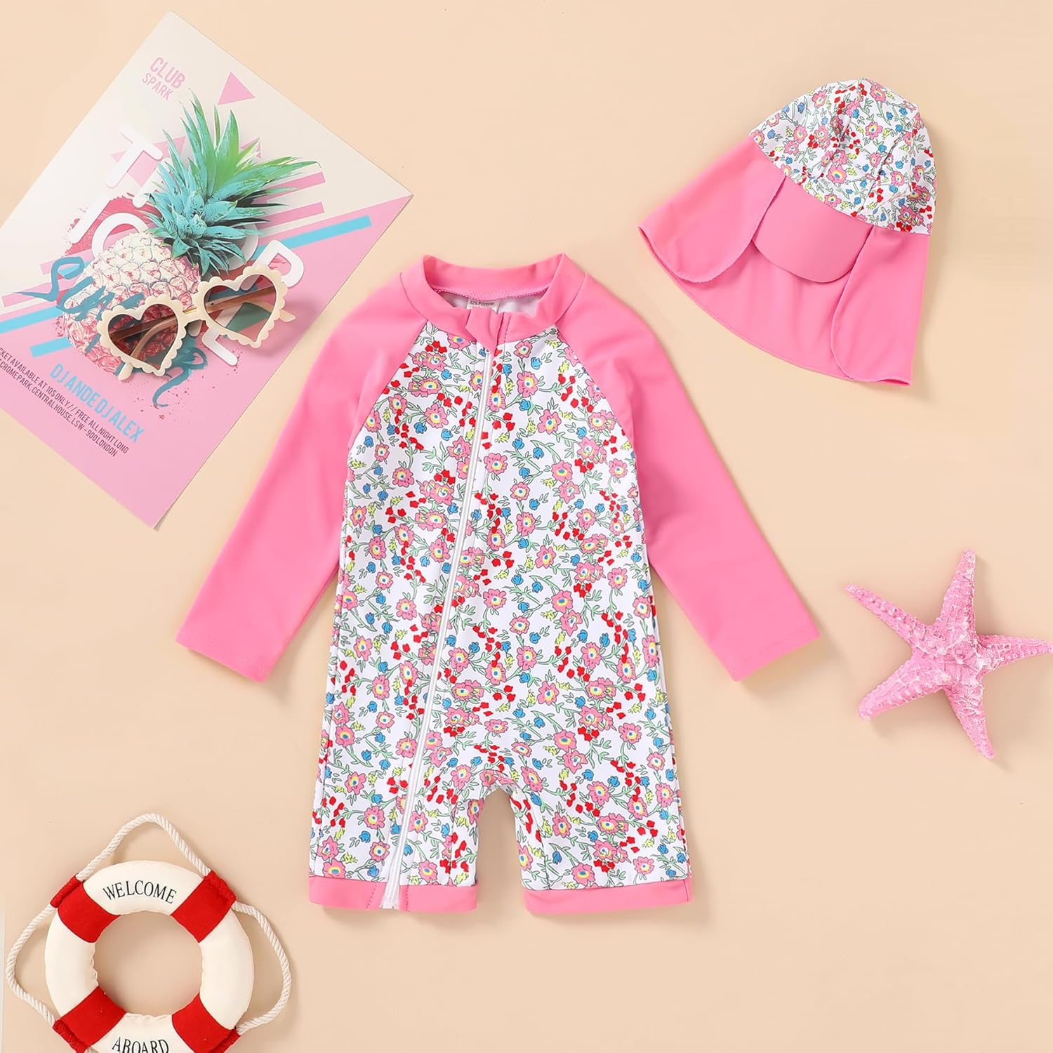 Toddler Baby Girls Swimsuit One-Piece Zipper Swimwear UPF 50+ Sun Protection Bathing Suit with Hat - Image 2