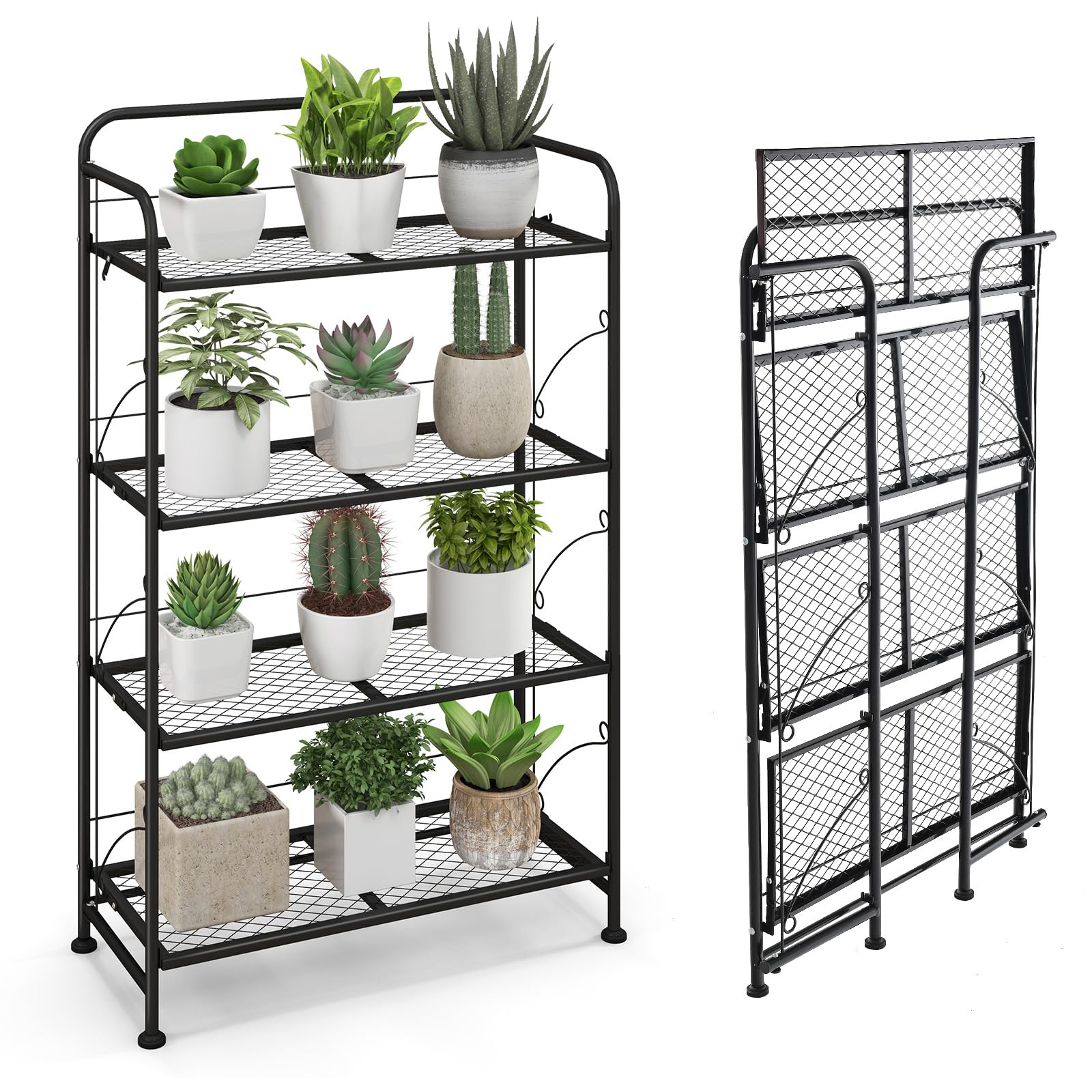 Goplus Soporte para plantas de metal, estantería para plantas de 4 niveles con estante plegable y patas ajustables, estantería para flores, escaleras para balcón, terraza, color negro