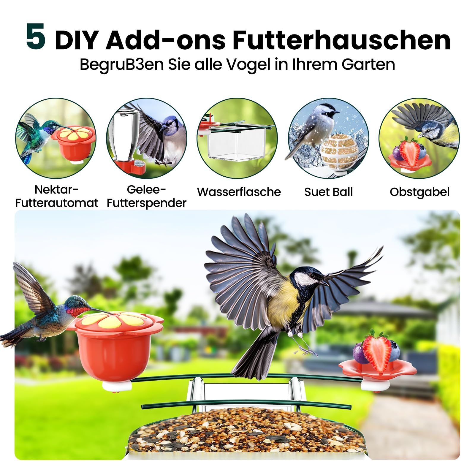 SOLIOM BF08 Pajarera con cámara, comedero para pájaros para el patio trasero, comedero para pájaros con grabación de vídeo, cámara WiFi, alimentador inteligente para pájaros con panel solar y